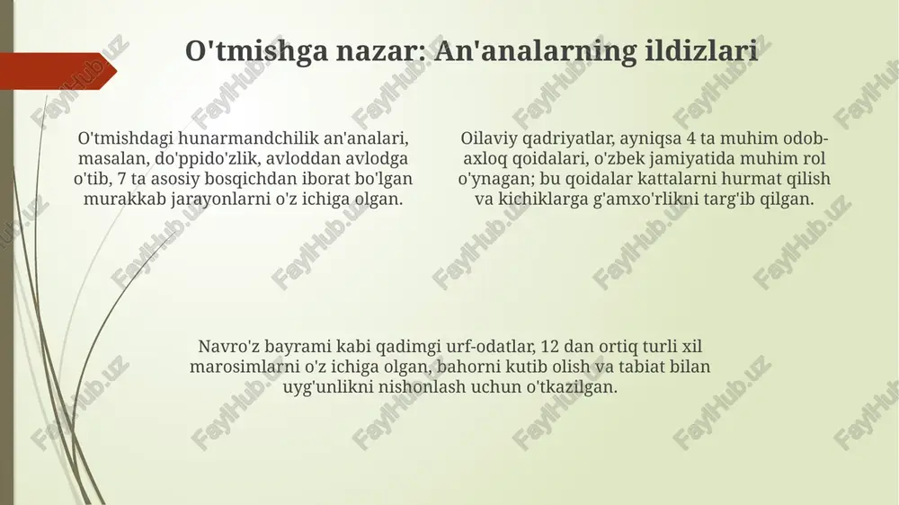 ortiq asosiy oilaviy qadriyatlarni singdirish orqali jamiyat barqarorligini ta'minlaydi. xulosa: an'analarni asrash va rivojlantirish an'analarni asrash deganda, 2000 yillik tarixga ega bo'lgan hunarmandchilikning 7 asosiy yo'nalishini tiklash va kelajak avlodlarga yetkazish nazarda tutiladi. rivojlantirish jarayonida milliy urf-odatlarni 21-asr talablari asosida qayta ko'rib chiqish, ularni zamonaviy texnologiyalar bilan uyg'unlashtirish va yangi formatlarda taqdim etish muhim. ushbu xulosaning maqsadi – an'analarni saqlab, ularning ijtimoiy-iqtisodiy hayotdagi rolini oshirish, turizm sohasiga 30% hissa qo'shish orqali iqtisodiyotni mustahkamlashdan iborat. e'tiboringiz uchun rahmat image1.png