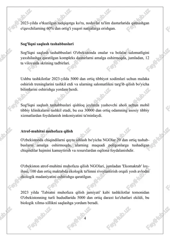 'z jamoalariga bo'lgan ishonchini oshiradi. moliyalashtirish manbalari nodavlat notijorat tashkilotlari grantlar, xayriya va a'zolik badallari orqali moliyalashtiriladi, ularning ulushi tashkilotning maqsadiga va donorlar bilan aloqasiga bog'liq. korporativ homiylik nntlar uchun muhim moliyalashtirish manbai bo'lib, bu bizneslarning ijtimoiy mas'uliyat dasturlari orqali qo'llab-quvvatlashini o'z ichiga oladi. nntlar hukumat grantlari va shartnomalaridan moliyaviy yordam olishlari mumkin, bu mablag'lar ma'lum ijtimoiy dasturlarni amalga oshirish uchun ajratiladi. boshqaruv tuzilmalari boshqaruv tuzilmalari nnt va nktlarning maqsadlariga erishish uchun asos boʻlib, koʻpincha direktorlar kengashi yoki vasiylar kengashini oʻz ichiga oladi. boshqaruv tuzilmalari strategik qarorlar qabul qilish, moliyaviy resurslarni nazorat qilish va tashkilotning faoliyati qonuniy boʻlishini taʼminlash uchun javobgardir. baʼzi nnt va nktlarda qoʻshimcha boshqaruv tuzilmalari, masalan, maslahat kengashlari yoki qoʻmitalar mavjud boʻlishi mumkin, ular maʼlum sohalarda ekspert maslahatlarini beradi. muvaffaqiyatli loyihalar misollari "yoshlar kelajagi" loyihasi, 500 dan ortiq yosh tadbirkorga mikrokreditlar berib, ularning biznesini rivojlantirishga yordam berdi va 1000 dan ortiq ish o'rinlari yaratdi. "qishloq taraqqiyoti" dasturi …