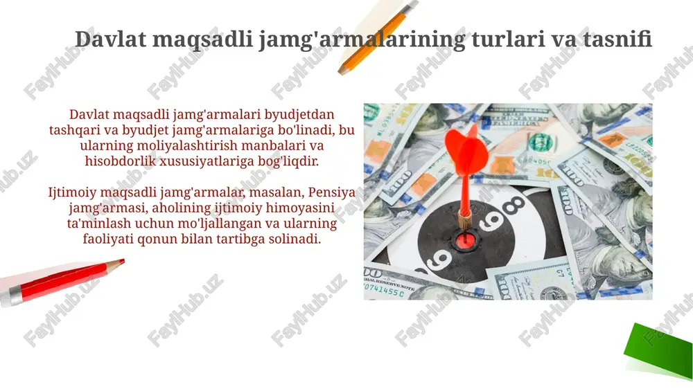 olashda ijtimoiy-iqtisodiy ta’sir ko‘rsatkichlari, masalan, aholi daromadlari o‘sishi va ishsizlikning kamayishi 25% gacha inobatga olinadi. jamg‘arma mablag‘larining maqsadli yo‘naltirilganligini nazorat qilish uchun har chorakda moliyaviy hisobotlar, shu jumladan 10 dan ortiq asosiy ko‘rsatkichlar bo‘yicha tahlillar o‘tkaziladi. o'zbekistonda davlat maqsadli jamg'armalarining rivojlanish istiqbollari davlat maqsadli jamg'armalarining istiqbollari 2030 yilgacha ijtimoiy sohani rivojlantirishda 50% gacha mablag' bilan ta'minlashni ko'zda tutadi, bu esa ta'lim va sog'liqni saqlashni yaxshilaydi. 2024-2026 yillarda davlat maqsadli jamg'armalarining resurs bazasini 30% ga kengaytirish orqali investitsiya loyihalarini moliyalashtirishni ko'paytirish rejalashtirilgan, bu esa iqtisodiyotga ta'sir qiladi. e'tiboringiz uchun rahmat image2.png image1.png image6.jpg image7.jpg image8.jpg image9.jpg image10.jpg image11.jpg image12.jpg image13.jpg image14.jpg image15.jpg image16.jpg image17.jpg image18.jpg image19.jpg image20.jpg