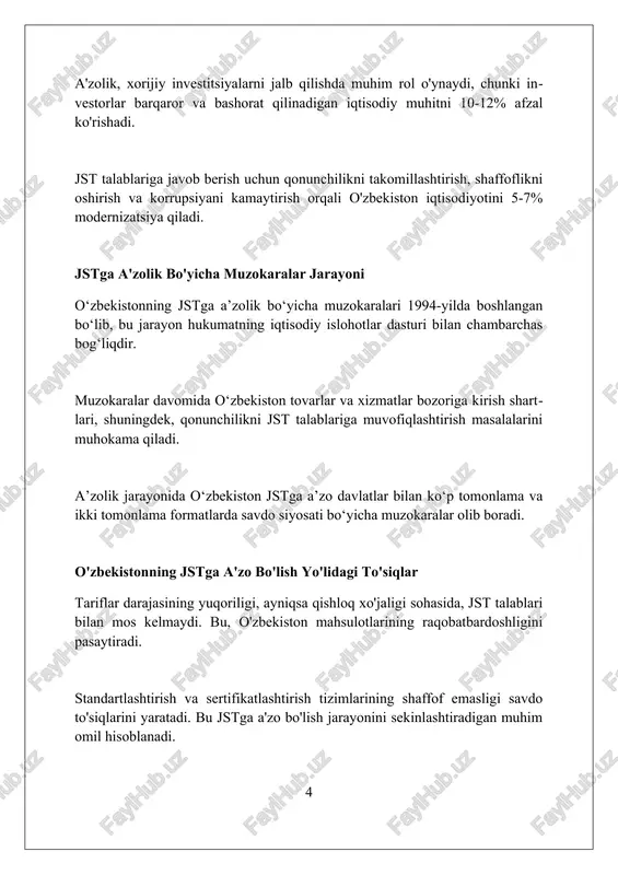 ga undaydi, bu esa ularning mahsulot sifatini yaxshilab, eksport salohiyatini oshiradi. jst investitsiya siyosatida shaffoflikni talab qiladi, investorlarning huquqlarini himoya qilish va xorijiy kapital uchun barqaror, prognoz qilinadigan muhit yaratishni ta'minlaydi. o'zbekistonda eksportni rag'batlantirish va jst o'zbekiston eksportni rag'batlantirish uchun bir qator imtiyozlar, masalan, bojxona to'lovlaridan ozod qilish va soliq imtiyozlarini taqdim etadi, jst talablariga moslashish esa bu jarayonni osonlashtiradi. jstga a'zo bo'lish o'zbekiston eksportyorlari uchun yangi bozorlarga kirish imkoniyatini beradi, chunki jst a'zo davlatlari bilan savdo aloqalari uchun preferensiyalar yaratiladi. o'zbekiston jstga kirish jarayonida eksportni rag'batlantirish siyosatini jst qoidalariga muvofiqlashtirishga intiladi, bu esa savdo siyosatida shaffoflikni oshiradi. o'zbekiston qishloq xo'jaligi va jst o'zbekiston qishloq xo'jaligi jstga qo'shilgach, 14 foizlik import bojxona tariflari o'rtacha 8 foizgacha pasaydi, bu esa raqobatbardoshlikni oshiradi. jst talablariga moslashish uchun o'zbekiston qishloq xo'jaligi sohasida 12 dan ortiq standart va texnik reglamentlarni xalqaro me'yorlarga muvofiqlashtirishi kerak. jstga a'zo bo'lish o'zbekiston qishloq xo'jaligi mahsulotlarining eksportini rag'batlantiradi, ayniqsa …