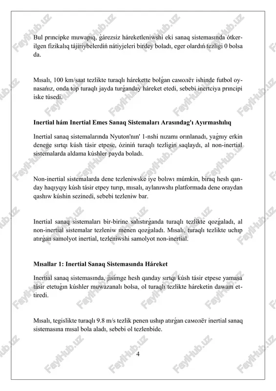 ları kemede de dál solay isleydi. sheshiliwi 3 "sheshiliwi 3" – bul 3 xanalı san bolıp, onıń hár bir xanası sheshiliwdiń qanshellikli qiyın ekenligin bildiredi, yaǵnıy eń úlkeni 9 boladı. "sheshiliwi 3" degende, ádette bul qanday da bir máselege baylanıslı bolıp, ol úshinshi ret qaytalanǵan sheshiw usılı ekenligin ańlatadı hám aqırǵı nátiyje beredi. "sheshiliwi 3" matematikalıq formulada yamasa programmalastırıwda paydalanılıwı múmkin, bunda 3 parametrdi ózgertiw arqalı optimal nátiyjege erisiwge háreket etiledi. mısallar 4: inertial hám inertial emes sistemalardı salıstırıw inertial sistemalarda 1-shi hám 2-shi nyuton nızamları orınlanadı, sebebi olarda tezleniws joq, al non-inertial sistemalarda fiktiv küshler payda bolıp, 2-shi nızam buzılıwı múmkin. inertial sistemada turǵın obyekt turǵın bolıp qala beredi, al non-inertial sistemada obyekt tezleniwske iye bolıwı múmkin, mısalı, aylanıwshı platformada 2 m/s² tezlik penen. jer ústi inertial sistema emes, biraq kóp mashqalalarda 0.034 m/s² tezleniwdiń az bolıwı sebepli ámelde ǵana inertial sistema dep qabıllanıladı. sheshiliwi 4 «sheshiliwi 4» – …