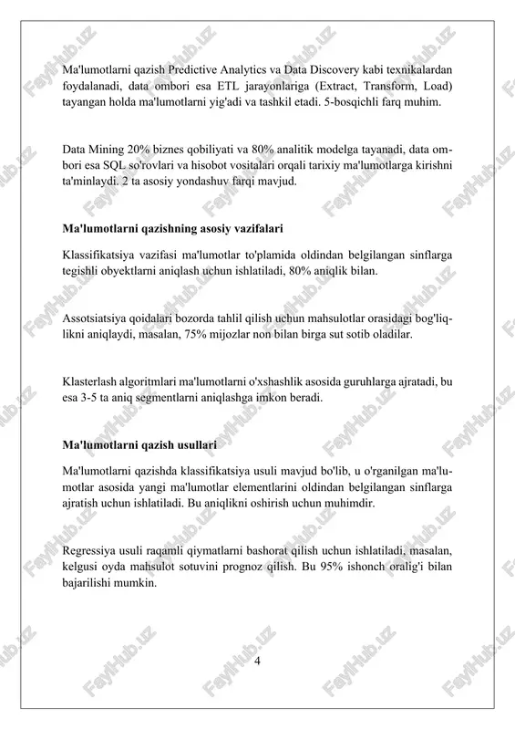 i, yo'qotishlarni kamaytiradi. ma'lumotlarni qazish 3)operatsion samaradorlikni oshiradi, yetkazib berish zanjirini optimallashtirib, inventar xarajatlarini 25% kamaytiradi va mijozlarga xizmat ko'rsatish tezligini 30% ga oshiradi. ma'lumotlarni qazishning qo'llanilish sohalari chakana savdo va elektron tijoratda ma'lumotlarni qazish xaridorlarning xatti-harakatlarini tahlil qilish orqali savdo strategiyalarini optimallashtirish, cross-selling imkoniyatlarini aniqlash uchun qo'llaniladi. moliyaviy xizmatlar sohasida ma'lumotlarni qazish firibgarlikni aniqlash, kredit risklarini baholash va mijozlarning segmentatsiyasini amalga oshirish kabi vazifalarda qo'llaniladi. sog'liqni saqlash sohasida ma'lumotlarni qazish kasalliklarni erta tashxislash, davolash usullarini takomillashtirish va bemorlarning xatti-harakatlarini tahlil qilish uchun ishlatiladi. ma'lumotlar omborining qo'llanilish sohalari ma'lumotlar omborlari chakana savdoda mijozlar xatti-harakatini tahlil qilish, inventarizatsiya darajasini optimallashtirish va marketing kampaniyalarining samaradorligini o'lchash uchun ishlatiladi, savdo hajmini 15-20% oshirish imkonini beradi. moliyaviy xizmatlar sohasida, ma'lumotlar omborlari firibgarlikni aniqlash, risklarni boshqarish, mijozlar segmentatsiyasi va tartibga soluvchi hisobotlarni yaratish uchun qo'llaniladi, xavf darajasini 10-15% kamaytirishga yordam beradi. sog'liqni saqlashda ma'lumotlar omborlari bemorlarning davolash tarixini tahlil qilish, kasalliklar tarqalishini kuzatish va klinik …