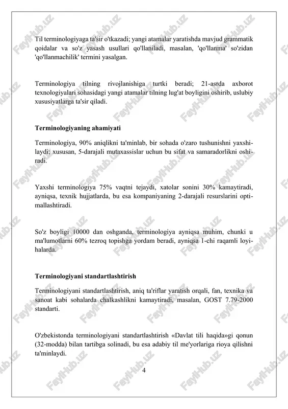 radi. terminologiyani yaratish va qo'llash terminologiyani yaratishda, soha mutaxassislari lingvistik qonuniyatlarga asoslanib, aniq va bir ma'noli 1000 ta yangi terminni shakllantirishi mumkin. qo'llash jarayonida terminlar 200 dan ortiq ilmiy maqolada sinovdan o'tkazilib, o'zlashtirilish darajasi 90% dan oshishi ta'minlanadi. terminologiyani standartlashtirish uchun, 5 ta asosiy tamoyilga rioya qilinib, 3 yillik monitoring natijasida barqarorligi tekshiriladi. til siyosati va terminologiya til siyosati bir nechta maqsadlarga ega: adabiy til me'yorlarini saqlash, til standartlashtirish va 1989-yildan buyon o'zbek tilining davlat maqomini mustahkamlash. terminologiya sohasida 200 dan ortiq davlat standartlari mavjud bo'lib, ular fan, texnika va madaniyat sohalaridagi atamalarning aniqligi va bir xilligini ta'minlaydi. o'zbekiston respublikasining “davlat tili haqida”gi qonuni til siyosatining asosi hisoblanib, 30 dan ortiq normativ-huquqiy hujjatlar uning ijrosini ta'minlaydi. misollar va amaliy mashqlar «misollar va amaliy mashqlar» bo‘limi 10 dan ortiq mashqlar turini o‘z ichiga olishi mumkin, masalan, grammatik tahlil va lug‘at boyitish mashqlari. ushbu bo‘limdagi har bir mashq o‘z ichiga kamida 5 …