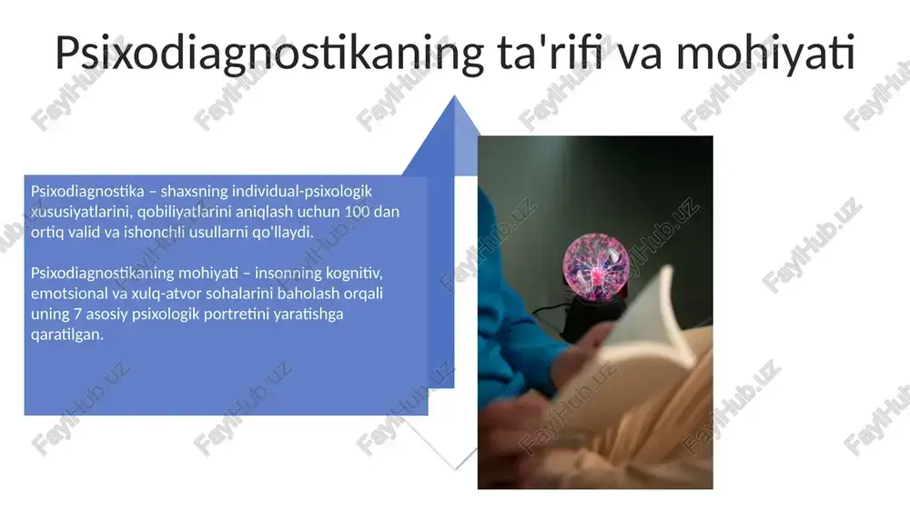 lash tizimlaridan foydalanish bemorning holatini aniq tavsiflashga va differentsial tashxis qo'yishga yordam beradi. psixodiagnostikaning etik masalalari psixodiagnostik ma'lumotlarning maxfiyligi, 1996-yilgi qonun bilan himoyalangan bo'lib, bemorning roziligisiz uchinchi shaxslarga oshkor etilmasligi shart. bunga test natijalari va shaxsiy ma'lumotlar kiradi. psixologik testlarni qo'llashda malakaga ega bo'lish muhim. etik kodeksga ko'ra, 2023-yil standartlariga muvofiq faqat sertifikatlangan mutaxassislar testlardan foydalanishi mumkin. xulosa xulosa - bu psixodiagnostikaning yakuniy bosqichi bo'lib, unda olingan barcha 7 ta ma'lumotlar, natijalar va tushuntirishlar umumlashtiriladi, interpretatsiya qilinadi. xulosa 3 xil vazifani bajaradi: mijozning holati haqida aniq tasavvur beradi, tashxis qo'yishga yordam beradi va kelajakdagi 4 ta aralashuvlar uchun reja tuzishga imkon yaratadi. e'tiboringiz uchun rahmat image5.jpg image6.jpg image7.jpg image8.jpg image9.jpg image10.jpg image11.jpg image12.jpg image13.jpg image14.jpg image15.jpg image16.jpg image17.jpg image18.jpg image4.png image19.jpg image20.jpg image21.jpg image1.jpeg image2.jpeg