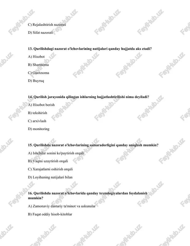 boshqarish b) rejalashtirish nazorati c) muhandislik nazorati d) xavfsizlik nazorati 34. qaysi nazorat o'lchovi qurilishda yuzaga kelishi mumkin bo'lgan favqulodda vaziyatlarga tayyorgarlikni ta'minlaydi? a) xarajatlarni boshqarish b) rejalashtirish nazorati c) sifat nazorati d) favqulodda vaziyatlarni boshqarish 35. qaysi nazorat o'lchovi qurilishda ishchilarning sog'lig'ini himoya qilishga qaratilgan? a) rejalashtirish nazorati b) xarajatlarni boshqarish c) mehnat muhofazasi nazorati d) sifat nazorati 36. qaysi nazorat o'lchovi qurilishda atrof-muhitni ifloslantirishning oldini olishga qaratilgan? a) rejalashtirish nazorati b) atrof-muhitni muhofaza qilish nazorati c) sifat nazorati d) xarajatlarni boshqarish 37. qaysi nazorat o'lchovi qurilishda barcha ishchilarning xavfsizlik qoidalariga rioya qilishini ta'minlaydi? a) rejalashtirish nazorati b) xavfsizlik nazorati c) sifat nazorati d) xarajatlarni boshqarish 38. qaysi nazorat o'lchovi qurilishda ishchilarning malaka oshirishini rag'batlantiradi? a) xarajatlarni boshqarish b) xodimlar bilan ishlash nazorati c) sifat nazorati d) rejalashtirish nazorati 39. qaysi nazorat o'lchovi qurilishda barcha kerakli hujjatlarning mavjudligini va to'g'ri yuritilishini ta'minlaydi? a) xarajatlarni boshqarish b) sifat nazorati c) …