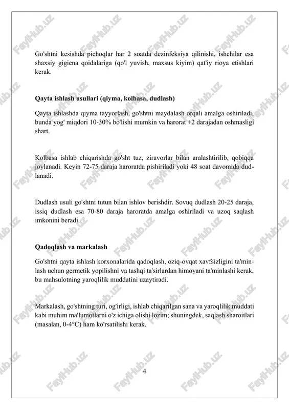 i. chiqindilarni kamaytirish strategiyalari go'shtni qayta ishlash korxonalari uchun muhimdir, masalan, qonni qayta ishlash va uni hayvonlar uchun ozuqa sifatida qayta ishlatish 50% chiqindilarni kamaytiradi. chiqindilarni to'g'ri boshqarish sanoat korxonalari uchun muhim ahamiyatga ega. gost standartlariga muvofiq sanitariya normalariga rioya qilishni ta'minlash, atrof-muhitni saqlash va xavfsizlikni ta'minlash muhim. uskunalar va texnologiyalar go'shtni maydalash uchun ishlatiladigan sanoat go'sht maydalagichlari 1000 kg/soatdan ortiq quvvatga ega bo'lib, turli xil teshik o'lchamlariga ega zanglamaydigan po'latdan yasalgan teshikli disklar bilan jihozlangan. go'sht mahsulotlarini qadoqlash uchun vakuumli qadoqlash mashinalari kislorod miqdorini 1% dan kamroq darajaga tushiradi, bu mahsulotning saqlash muddatini 3-5 barobar oshiradi. go'sht pishirish uchun mo'ljallangan sanoat pechlari haroratni 50°c dan 250°c gacha aniqlik bilan nazorat qiladi, bu mahsulotning ichki haroratini bir xilda ushlab turish imkonini beradi. mehnat xavfsizligi go'shtni qayta ishlash korxonalarida mehnat xavfsizligi qoidalari gost 12.3.002-75 standartiga muvofiq amalga oshiriladi va ishchilar maxsus himoya vositalari bilan ta'minlanishi shart. korxonalarda ishchilarning xavfsizligi uchun 220 …
