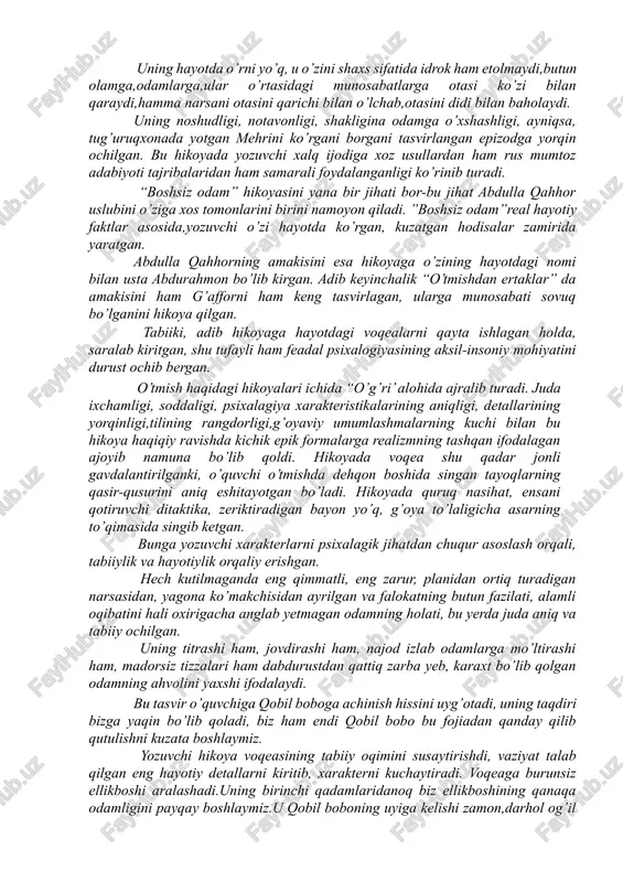 a falokatning butun fazilati, alamli oqibatini hali oxirigacha anglab yetmagan odamning holati, bu yerda juda aniq va tabiiy ochilgan. uning titrashi ham, jovdirashi ham, najod izlab odamlarga mo’ltirashi ham, madorsiz tizzalari ham dabdurustdan qattiq zarba yeb, karaxt bo’lib qolgan odamning ahvolini yaxshi ifodalaydi. bu tasvir o’quvchiga qobil boboga achinish hissini uyg’otadi, uning taqdiri bizga yaqin bo’lib qoladi, biz ham endi qobil bobo bu fojiadan qanday qilib qutulishni kuzata boshlaymiz. yozuvchi hikoya voqeasining tabiiy oqimini susaytirishdi, vaziyat talab qilgan eng hayotiy detallarni kiritib, xarakterni kuchaytiradi. voqeaga burunsiz ellikboshi aralashadi.uning birinchi qadamlaridanoq biz ellikboshining qanaqa odamligini payqay boshlaymiz.u qobil boboning uyiga kelishi zamon,darhol og’il yonida taftish o’tkazadi:”u og’ilga kirib teshikim,ho’kiz bog’lashgan ustunni qimirlatib ham ko’radi”.uning bu harakatlatlarida,ayniqsa ustunni qimirlatib ko’rishida boshiga falokat tushgan qobil boboning taqdiriga,qayg’usiga befarq qarash,loqaydlik seziladi.u o’zining taftishi bilan biron chora topishga,o’g’rini tezroq izlab,ko’rishga urinayotgani yo’q. aslida uning taftishi ma’nosiz, shunchaki rasmiyat uchun o’tkazilgan taftish. uning birdan-bir foydasi shuki,ellikboshining …