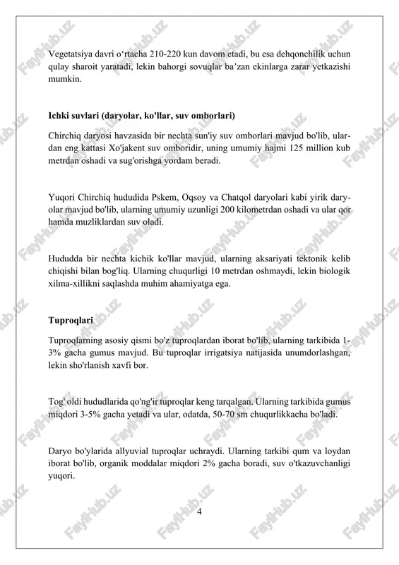 acha 250 kishidan oshadi, bu esa viloyatning oʻrtacha koʻrsatkichidan yuqori ekanligini koʻrsatadi. demografik tarkibida oʻzbeklar 70% ni, qolgan 30% ni esa turli millat vakillari tashkil etadi, shu jumladan qoʻshni davlatlardan koʻchib kelganlar ham bor. so'nggi 10 yilda yuqori chirchiqda aholi soni 15% ga oshdi, bu asosan urbanizatsiya va qishloqdan shaharga migratsiya bilan bog'liqdir. iqtisodiyoti (qishloq xo'jaligi, sanoat) yuqori chirchiq qishloq xo'jaligida 60% maydon paxta yetishtirishga mo'ljallangan bo'lib, mahalliy sanoat uchun xomashyo bazasini shakllantiradi va eksportga ham yo'naltirilgan. tumanda 3 ta yirik sanoat korxonasi mavjud bo'lib, ular asosan oziq-ovqat mahsulotlari, qurilish materiallari va metall buyumlar ishlab chiqarishga ixtisoslashgan. ularning umumiy ishlab chiqarish hajmi 45 milliard so'mdan ortiq. yuqori chirchiqda bog'dorchilik rivojlangan bo'lib, 1500 gektardan ortiq maydonda mevali daraxtlar ekilgan. hosildorlik 20 tonna/gektarni tashkil etadi, bu hudud iqtisodiyotiga sezilarli hissa qo'shadi. turizm salohiyati yuqori chirchiq tumanida 70 dan ortiq noyob o‘simlik va hayvon turlari mavjudligi ekoturizmni rivojlantirish uchun zo‘r imkoniyat yaratadi, ayniqsa …