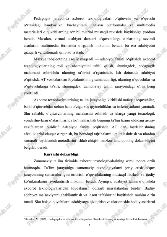 resurslardan foydalanish oʻquvchilarga badiiy asarlarning mohiyatini kengroq tushunish imkonini yaratadi. shu bilan birga, axborot texnologiyalaridan foydalanish oʻqituvchining pedagogik mahoratini oshirishda muhim ahamiyat kasb etadi. zamonaviy oʻqituvchidan nafaqat fanni yaxshi bilish, balki texnologiyalar yordamida darslarni tashkil etish koʻnikmasi ham talab etiladi. bugungi kunda oʻquvchilar texnologiyalardan foydalanishga koʻnikkan va ularning taʼlimga boʻlgan qiziqishini ushlab turish uchun innovatsion yondashuv zarur.[footnoteref:5] adabiyot fanini oʻqitishda interaktiv vositalar, masalan, elektron darsliklar, multimediali taqdimotlar, onlayn testlar va virtual muhitdagi darslardan foydalanish oʻquvchilarning bilim olish jarayonini yengillashtiradi. bunday yondashuv oʻquvchilarning badiiy tafakkurini rivojlantirish va adabiyotga boʻlgan qiziqishni oshirishga yordam beradi. [5: raximov, m. (2017). axborot texnologiyalarining ta’lim jarayoniga integratsiyasi. toshkent: xalq ta’limi.] shu bilan birga, axborot texnologiyalari yordamida oʻqituvchi va oʻquvchi oʻrtasidagi o‘zaro hamkorlik mustahkamlanadi. zamonaviy darslarda texnologiyalar orqali oʻquvchilar mustaqil izlanish olib borish, loyihalar tayyorlash va ijodiy faoliyat bilan shugʻullanish imkoniyatiga ega boʻladi. masalan, virtual muzeylar, digital kutubxonalar va onlayn platformalar orqali oʻquvchilar mashhur yozuvchilar va shoirlarning …