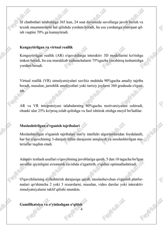 lash imkonini beradi, bu esa 128-bitli shifrlash bilan hujjatlarning qalbakilashtirilishiga qarshi kurashda muhim rol o’ynaydi. blokcheyn orqali onlayn kurslarni yakunlagan talabalarga 24/7 real vaqt rejimida tekshirilishi mumkin bo'lgan soxta bo'lmagan raqamli sertifikatlar berish mumkin, bu esa 90% samaradorlikni oshiradi. blokcheyn texnologiyasi o'quv jarayonlarida shaffoflikni ta'minlaydi, masalan, baholash tizimida, bu yerda har bir baho 10 daqiqa ichida o'zgartirilmaydigan tarzda qayd etiladi. innovatsiyalarning muammolari va imkoniyatlari innovatsiyalarning muammolari orasida texnologik tengsizlik bor, 30% aholi internetga ega emas, bu esa masofaviy taʼlimga kirishda jiddiy toʼsiq boʼladi. imkoniyatlar esa katta: 70% mobil telefonlardan foydalanish darajasi tufayli taʼlim kontentini mobil ilovalar orqali yetkazish imkoniyati mavjud. muammolardan biri - 45% o'qituvchilarning raqamli savodxonligi pastligi, lekin bu 55% o'qituvchini raqamli ta'lim uslublariga o'rgatish orqali hal qilinishi mumkin. muaffaqiyatli masofaviy ta'lim innovatsiyalari misollari interaktiv virtual laboratoriyalar, masalan, chemcollective, talabalarga 3d muhitda xavfsiz tajriba o'tkazishga imkon beradi, bu an'anaviy laboratoriya sharoitlarini taqlid qiladi. moslashuvchan o'quv platformalari, xususan, coursera va …