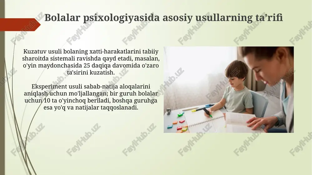 baholaydi. vineland adaptiv xulq-atvor skaleysi (vineland-3) kabi vositalar adaptiv funksiyalarni o'lchashda muhim rol o'ynaydi, bu autizm spektridagi buzilishlarni aniqlashda yordam beradi. bolalar psixologiyasida etik kodeks bolalar psixologiyasida maxfiylik asosiy tamoyildir; 16 yoshgacha bo'lgan bolalar uchun ota-onalar roziligi talab etiladi, istisno holatlarda bolaning xavfsizligiga tahdid bo'lganda. psixologlar bolalar bilan munosabatlarda professional chegaralarni saqlashlari shart, masalan, ikki tomonlama munosabatlardan (do'stlik, biznes) qat'iy saqlanish. resurslar: kitoblar, maqolalar va veb-saytlar kitoblar orasida 0-5 yoshdagi bolalar psixologiyasiga oid tadqiqotlar, masalan, jean piagetning kognitiv rivojlanish nazariyasini o'rganuvchi nashrlar muhimdir. maqolalar ilmiy jurnallarda chop etiladi va autizm spektri buzilishlari (asd) bilan bog'liq davolash usullari kabi dolzarb mavzularni qamrab olishi mumkin. e'tiboringiz uchun rahmat image2.jpg image3.jpg image4.jpg image5.jpg image6.jpg image7.jpg image8.jpg image9.jpg image10.jpg image11.jpg image12.jpg image13.jpg image14.jpg image15.jpg image16.jpg image17.jpg image18.jpg