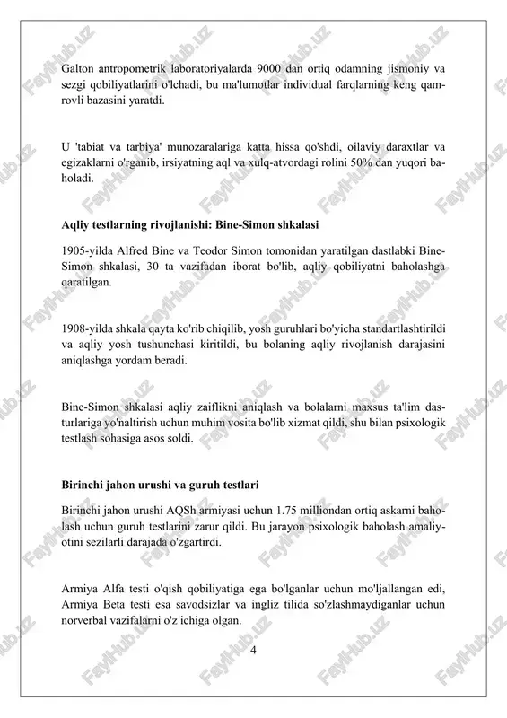 ning ob'ektivligi va ishonchliligini oshirishga yordam berdi, 1935 yilda ward halstead tomonidan yaratilgan. kompyuterlashtirilgan testlash va adaptiv testlash kompyuterlashtirilgan testlash 1950-yillarda paydo bo'ldi, bu test topshirish jarayonini avtomatlashtirish va natijalarni tezkor hisoblash imkonini berdi, bu esa testlarni o'tkazishda samaradorlikni oshirdi. adaptiv testlash (cat) 1970-yillarda rivojlandi, u test topshiruvchining javoblariga qarab keyingi savollarni moslashtiradi, bu esa testning aniqligini va shaxsiy imkoniyatlarini baholash samaradorligini oshiradi. cat algoritmlari, masalan, maksimal axborot tanlash (maximum information selection), keyingi savolni tanlash uchun javob beruvchining qobiliyat darajasini baholaydi, bu esa testni yanada tez va aniqroq qiladi. psixodiagnostikadagi etika va bahslar psixodiagnostik testlarni qoʻllashda shaxsiy maxfiylikni saqlash muhim, chunki natijalar stigmatizatsiyaga olib kelishi mumkin. bu test maʼlumotlarining 100% himoyasini talab etadi. madaniy sezgirlik psixodiagnostikada asosiy masala; testlar turli xil aholi guruhlari uchun moslashtirilishi kerak. 50% hollarda standart testlar notoʻgʻri natija beradi. test natijalarini talqin qilishda bahslar mavjud; mutaxassislar 75% hollarda subyektiv xulosalarga kelishlari mumkin, bu esa adolatli baholashni …