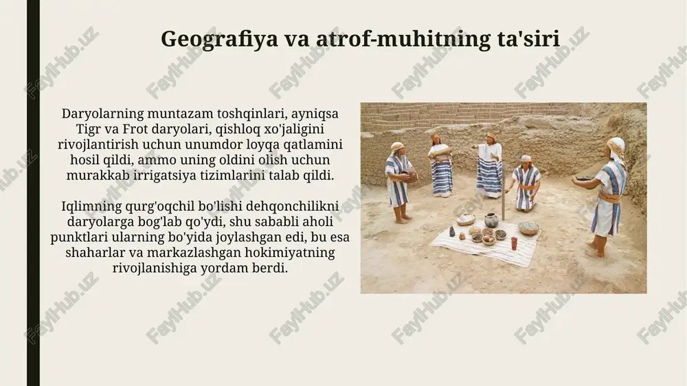 tamiyada miloddan avvalgi 6-ming yillikda paydo bo'lgan, ekin maydonlarini kengaytirib, oziq-ovqat mahsulotlarini ko'paytirishga yordam bergan. mesopotamiyaning merosi mesopotamiya matematikasi 60-sonli tizimni yaratdi, u vaqtni (60 daqiqa, 60 soniya) va burchaklarni (360 gradus) o'lchashda qo'llaniladi va bu bizning hayotimizda muhim ahamiyatga ega. gil tabletkalarda saqlangan mesopotamiyaning qonunlari, masalan, hammurapi qonunlari, huquqiy tizimlar rivojlanishiga ta'sir ko'rsatdi va adolat tamoyillarining shakllanishida katta rol o'ynadi. xulosa: qadimgi mesopotamiyaning ahamiyati qadimgi mesopotamiya 3200-yillarda shaharsozlikning paydo bo'lishi va irrigatsiya tizimlarining rivojlanishi bilan insoniyat tamadduniga asos soldi. taxminan miloddan avvalgi 3000-yillarda yozuvning ixtiro qilinishi, xususan, mixxat yozuvi, mesopotamiyaga tarixiy ma'lumotlarni saqlash imkoniyatini berdi. e'tiboringiz uchun rahmat image2.jpg image3.jpg image4.jpg image5.jpg image6.jpg image7.jpg image8.jpg image9.jpg image10.jpg image11.jpg image12.jpg image13.jpg image14.jpg image15.jpg image16.jpg image17.jpg image18.jpg