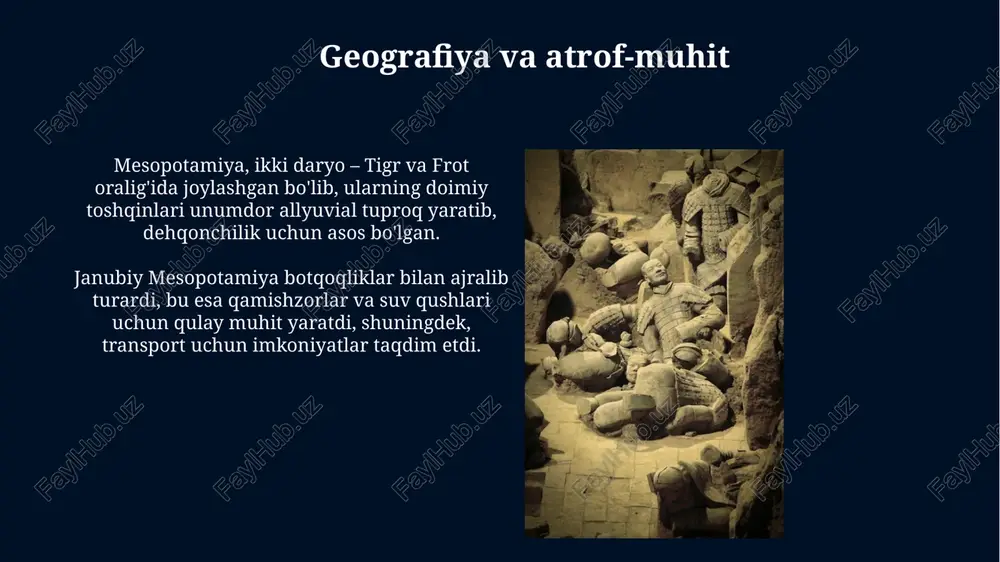 r miloddan avvalgi 3000-yillarda kuchaygan. shumer shaharlari, ur va lagash kabi, hududni nazorat qilish uchun doimiy ravishda urush olib borgan, bu esa miloddan avvalgi 2500-yillarda birlashuvga olib kelgan. tanazzul va oxiri ekin maydonlarining haddan tashqari ishlatilishi, tuproqning sho'rlanishiga olib keldi, bu esa hosildorlikning pasayishiga sabab bo'ldi. miloddan avvalgi 2000-yillarda bu og'ir iqtisodiy tanazzulga olib keldi. siyosiy beqarorlik, doimiy urushlar va ichki nizolar markaziy hokimiyatni zaiflashtirdi. qo'shni imperiyalar, masalan, akkad va keyinroq bobil, mesopotamiyaga hujum qilish imkoniyatiga ega bo'ldilar. meros va ta'siri mesopotamiyaliklar matematikada oltmishlik sanoq tizimini ishlab chiqishdi, bu bizning 60 soniyalik daqiqalarimiz va 360 darajalik doiralarimiz uchun asos bo'lib xizmat qiladi. qadimgi mesopotamiyada sug'orish kanallarining murakkab tizimlari qishloq xo'jaligini rivojlantirdi va aholining o'sishiga sabab bo'ldi, bu esa shaharlarning paydo bo'lishiga olib keldi. e'tiboringiz uchun rahmat image6.jpg image7.jpg image8.jpg image9.jpg image10.jpg image11.jpg image12.jpg image13.jpg image14.jpg image15.jpg image16.jpg image17.jpg image18.jpg image19.jpg image20.jpg image21.jpg image22.jpg image4.jpeg