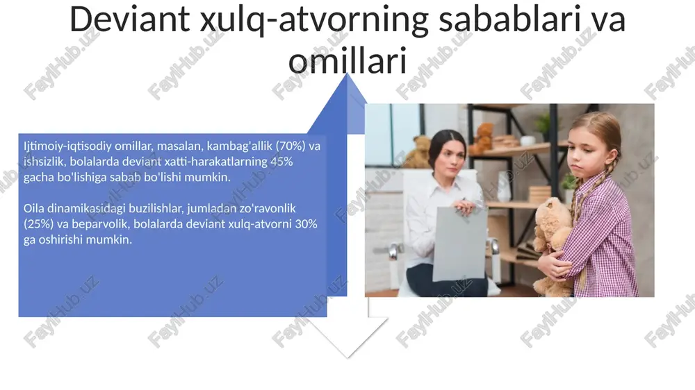 hatdan qo'llab-quvvatlash, jumladan, 14-17 yoshdagi o'smirlar bilan muloqot qilish usullarini o'rgatish va oilaviy munosabatlarni mustahkamlash choralari zarur. deviant xulq-atvorga ega bolalarga yordam ko'rsatish deviant xulq-atvorga ega bolalarga ko'rsatiladigan yordamning asosiy shakllaridan biri bu oila bilan ishlash, bu bolaning ijtimoiy moslashuvini yaxshilash uchun zarur. individual psixologik konsultatsiya usuli, deviant xulq-atvorga ega bolalarga ularning erta bolalik davridagi muammolari va hissiy kechinmalarini tahlil qilish orqali yordam beradi. e'tiboringiz uchun rahmat image5.jpg image6.jpg image7.jpg image8.jpg image9.jpg image10.jpg image11.jpg image12.jpg image13.jpg image14.jpg image15.jpg image16.jpg image17.jpg image18.jpg image4.png image19.jpg image20.jpg image21.jpg image1.jpeg image2.jpeg