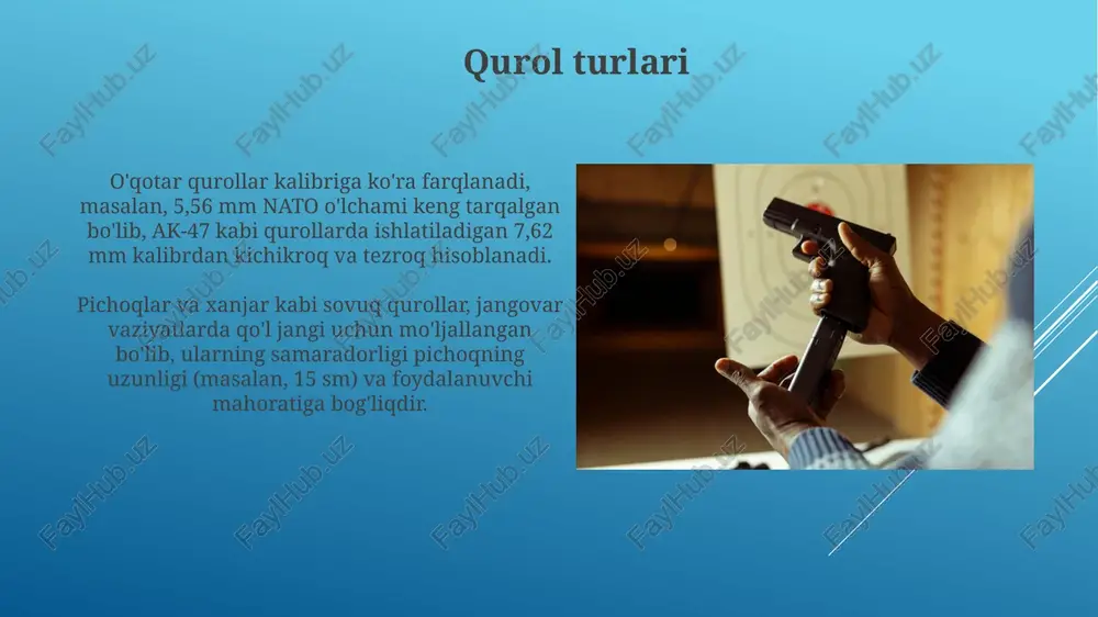 rni o'z ichiga oladi, bu esa texnik ko'nikmalarni va qurolning mexanizmlarini tushunishni oshiradi. o'q otish mashg'ulotlarida xavfsizlikni ta'minlash uchun, 10-20 metrlik masofada statik nishonga yo'naltirilgan 3-5 ta takroriy otish holatlarini o'z ichiga olishi mumkin. huquqiy jihatlar qurol egalik qilish uchun ruxsat olish jarayoni 18 yoshdan oshgan shaxslar uchun belgilangan talablarga muvofiq, o'zbekiston respublikasi qonunchiligi bilan tartibga solinadi. qurolni noqonuniy saqlash, olib yurish yoki sotish jinoyat kodeksining tegishli moddalari bo'yicha jinoiy javobgarlikka sabab bo'ladi, bu jarima yoki ozodlikdan mahrum etishni o'z ichiga olishi mumkin. e'tiboringiz uchun rahmat image2.jpg image3.jpg image4.jpg image5.jpg image6.jpg image7.jpg image8.jpg image9.jpg image10.jpg image11.jpg image12.jpg image13.jpg image14.jpg image15.jpg image16.jpg image17.jpg image18.jpg