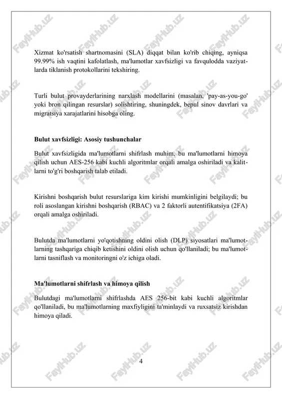 beradi. serverless funksiyalari hodisa asosida ishlaydi; masalan, faylni yuklash yoki ma'lumotlar bazasidagi o'zgarish, bu esa dasturlarni moslashuvchan va 100 millisekund ichida javob berishga imkon beradi. konteynerlashtirish (docker, kubernetes) docker konteynerlashtirish dasturlarni izolyatsiya qiladi, ularni bir xil operatsion tizim yadrosini baham ko'rish orqali virtual mashinalarga nisbatan resurslarni 20-30% gacha tejashga yordam beradi. kubernetes - bu konteynerlashtirilgan ilovalarni avtomatlashtirish uchun mo'ljallangan platformadir, u konteynerlarni joylashtirish, o'lchamlash va boshqarishni 99,9% ish vaqti kafolati bilan ta'minlaydi. docker hub 100 minglab oldindan yaratilgan tasvirlarni o'z ichiga oladi, bu esa ishlab chiquvchilarga dasturlarni tezroq yaratishga imkon beradi va konfiguratsiya xatolarini 50% gacha kamaytiradi. bulut monitoringi va optimallashtirish bulut monitoringi 99.9% ish vaqtini ta'minlash uchun cpu foydalanish, xotira, tarmoq trafigi kabi ko'rsatkichlarni real vaqtda kuzatishni o'z ichiga oladi. bulut optimallashtirish avtomatik miqyoslash qoidalarini joriy etadi, masalan, cpu 70% dan oshganda qo'shimcha serverlarni ishga tushirish xarajatlarni kamaytirish uchun. resurslarni optimallashtirish uchun serverlar 80% dan kam ishlatilganda, ularni o'chirish …