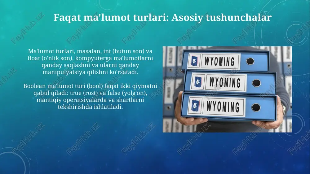 operatorlar va sikllarni boshqarishda muhim ahamiyatga ega. faqat ma'lumot turlari: eng yaxshi amaliyotlar ma'lumotlar turini tanlashda aniqlik muhim: butun sonlar uchun int yoki long, o'nlik kasrlar uchun esa float yoki double ishlatish, xotirani samarali boshqaradi. string ma'lumotlar turidan foydalanganda, xavfsizlikni ta'minlash uchun kiritilgan qiymatlarni tekshirish va validatsiya qilish zarur, ayniqsa 42-raqamli sql in'eksiyasiga qarshi. xulosa xulosa 100% toʻgʻri boʻlishi shart emas, balki 80% dalillar asosida shakllantirilgan ehtimoliy yakuniy fikr boʻlishi mumkin. xulosada 3 asosiy element boʻlishi kerak: muammoning qisqacha ta’rifi, asosiy dalillar va 75% ishonchli boʻlgan asosiy natija. e'tiboringiz uchun rahmat image2.png image5.jpg image6.jpg image7.jpg image8.jpg image9.jpg image10.jpg image11.jpg image12.jpg image13.jpg image14.jpg image15.jpg image16.jpg image17.jpg image18.jpg image19.jpg image20.jpg image21.jpg