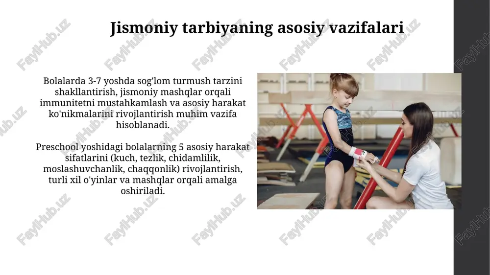 bolalar uchun jismoniy tarbiya mashg'ulotlari 20 daqiqagacha davom etishi, ularning individual xususiyatlarini hisobga olgan holda, 7 ta asosiy harakatni o'z ichiga oladi. ota-onalar bilan hamkorlik ota-onalar bilan hamkorlikning 75 foizi bolalar jismoniy rivojlanishini kuzatish va ularning harakat faolligini oshirish uchun uy vazifalarini bajarishga qaratilgan. jismoniy tarbiya bo'yicha ota-onalar majlislari har chorakda kamida 2 marta o'tkaziladi, unda 60 dan ortiq ota-onalar bolalar salomatligi va xavfsizligi masalalari bo'yicha ma'lumot oladi. jismoniy tarbiya bo'yicha pedagogning roli jismoniy tarbiya pedagogi 3-7 yoshli bolalarning motorli ko'nikmalarini rivojlantirish, 4 asosiy harakat: yurish, yugurish, sakrash va uloqtirishni o'rgatishda muhim rol o'ynaydi. pedagog bolalarning jismoniy faolligini oshirish uchun 5 dan ortiq turli xil o'yinlar va mashqlarni, masalan, estafeta va to'p bilan mashqlarni tashkil etadi, xavfsizlik qoidalariga rioya qilishni ta'minlaydi. nazorat va baholash usullari kuzatuv usuli 3-7 yoshli bolalarning harakat ko'nikmalarini baholashda muhim bo'lib, kundalik mashg'ulotlarda ularning qobiliyatlarini aniqlashga yordam beradi. standartlashtirilgan testlar, masalan, motor rivojlanish testlari, bolaning muayyan …