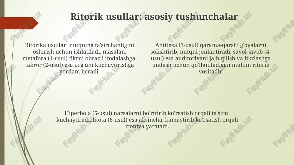 oriyaning avvalgi bilimlarini aniqlashga qaratilgan, bu orqali notiq 45% holatlarda mos argumentlarni tanlashi mumkin. amaliy mashg'ulot: ritorik vaziyatlar va testlar amaliy mashgʻulotlar ritorik vaziyatlarni tahlil qilish orqali talabalarning nutq madaniyatini 7 ta asosiy element boʻyicha rivojlantirishga qaratilgan. testlar orqali auditoriya bilan muloqotning 5 muhim jihatini aniqlash, masalan, tinglovchilarning e'tiborini jalb qilish va saqlab qolish usullari tekshiriladi. ritorik uslublar, jumladan metafora va takrorlash, 3 ta turli nutq janrlarida (ma'ruza, munozara, taqdimot) qanday qo'llanilishini testlar baholaydi. e'tiboringiz uchun rahmat