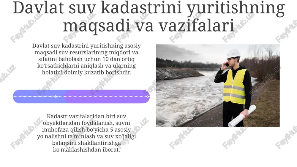 o'g'risidagi kodeksining 46-moddasiga binoan qonuniy javobgarlikka olib keladi. kadastrni yuritishda ishtirok etuvchi organlar qishloq xo'jaligi vazirligi tizimidagi suv xo'jaligi ilmiy-ishlab chiqarish markazi kadastr ma'lumotlarini to'plashda ishtirok etadi, bu esa 30 dan ortiq gidrologik stansiyalar orqali amalga oshiriladi. davlat suv kadastrini yuritishda o'zbekiston respublikasi ekologiya, atrof-muhitni muhofaza qilish va iqlim o'zgarishi vazirligi, shu jumladan, uning hududiy bo'linmalari muhim rol o'ynaydi. davlat suv kadastri xizmati davlat suv kadastri xizmati suv resurslarining miqdori, sifati va ulardan foydalanish toʻgʻrisidagi maʼlumotlarni yigʻish, qayta ishlash va tahlil qilish uchun mas'uldir. xizmat suv obyektlari boʻyicha 1:10 000 dan 1:500 000 gacha boʻlgan masshtabdagi kartografik maʼlumotlarni yaratadi va ularni davlat suv kadastrida saqlaydi. javobgarlik suv kadastrini yuritish qoidalarini buzganlik uchun javobgarlik ma'muriy javobgarlik to'g'risidagi kodeksning 76-moddasida nazarda tutilgan bo'lib, fuqarolarga 1 dan 3 barobargacha jarima solishni o'z ichiga oladi. davlat suv kadastrini yuritish bo'yicha vakolatli organlarning mansabdor shaxslari, agar ularning harakatlarida jinoiy alomatlar bo'lmasa, o'zbekiston respublikasining qonun hujjatlariga …