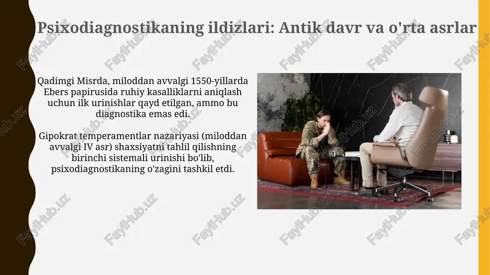 imoyasini kuchaytiradi. zamonaviy psixodiagnostika: tendentsiyalar va muammolar zamonaviy psixodiagnostikada katta ma'lumotlar tahlili orqali shaxsiyatni baholash tendentsiyasi rivojlanmoqda, bu 75% aniqlikka erishishga imkon beradi, lekin maxfiylik muammolarini keltirib chiqaradi. bugungi kunda psixodiagnostikada ko'p madaniyatli baholash usullarining yetishmasligi asosiy muammo bo'lib, natijada 40% gacha noto'g'ri tashxis qo'yilishiga olib kelishi mumkin. xulosa xulosa bosqichi diagnostika jarayonining yakuniy qismi bo'lib, unda to'plangan barcha ma'lumotlar integratsiyalanadi va yakuniy psixologik baho shakllantiriladi. u miqdoriy va sifat tavsiflarini o'z ichiga oladi. xulosada bemorning holati, kuchli va zaif tomonlari, mavjud muammolarining sabablari va mumkin bo'lgan prognozlari aniq bayon etiladi, masalan, depressiya darajasi (0-30 ball) bo'yicha. e'tiboringiz uchun rahmat image2.jpg image3.jpg image4.jpg image5.jpg image6.jpg image7.jpg image8.jpg image9.jpg image10.jpg image11.jpg image12.jpg image13.jpg image14.jpg image15.jpg image16.jpg image17.jpg image18.jpg