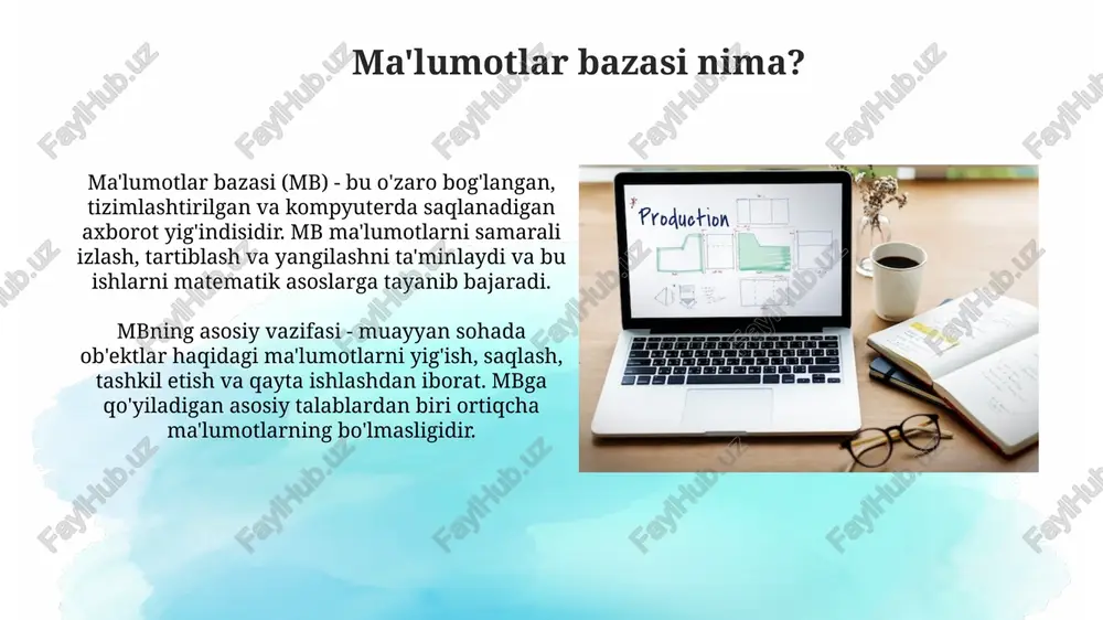 an arxitektura yordamida mbbt va dasturiy ta'minot bitta kompyuterda (meyframe yoki shaxsiy kompyuterda) joylashadi, bu tarmoqni qo'llab-quvvatlash zaruriyatini yo'qqa chiqaradi. fayl-server arxitekturasida har bir mijoz kompyuterida mbbt va mb bilan ishlash uchun dastur o'rnatiladi, ma'lumotlar almashinuvi esa fayllar orqali amalga oshiriladi. ma'lumotlar bazasini loyihalash bosqichlari loyiha vazifasini shakllantirish bosqichida mb yaratishning maqsadi, vazifalari, unda bajariladigan ishlar, bazaning tarkibi va foydalanish shartlari kabi masalalar aniq belgilanishi zarur. ob’ektlarning tahlili bosqichida mb qanday ob’ektlardan tashkil topishi, ob’ektlarning parametrlar bilan aniqlanishi, ma’lumotlarni yozuvlar yoki jadvallar ko‘rinishida tavsirlash ko’rib chiqiladi. ma'lumotlar bazasini me'yorlashtirish maʼlumotlar bazasini meʼyorlashtirish 1nf, 2nf va 3nf kabi bir qator me'yoriy shakllarga ega bo'lib, ularning har biri ma'lumotlar yaxlitligini taʼminlashning oʻziga xos qoidalarini belgilaydi. meʼyorlashtirishning asosiy maqsadi takroriy va ortiqcha ma'lumotlarni bartaraf etish, ma'lumotlar tuzilishini optimallashtirish va ma'lumotlarni saqlash xarajatlarini kamaytirish orqali axborot yaxlitligini taʼminlashdan iborat. ma'lumotlar xavfsizligini ta'minlash ma'lumotlar xavfsizligini ta'minlashda 128-bitli shifrlash algoritmlari qo'llaniladi, bu ma'lumotlarni ruxsatsiz kirishdan himoya …