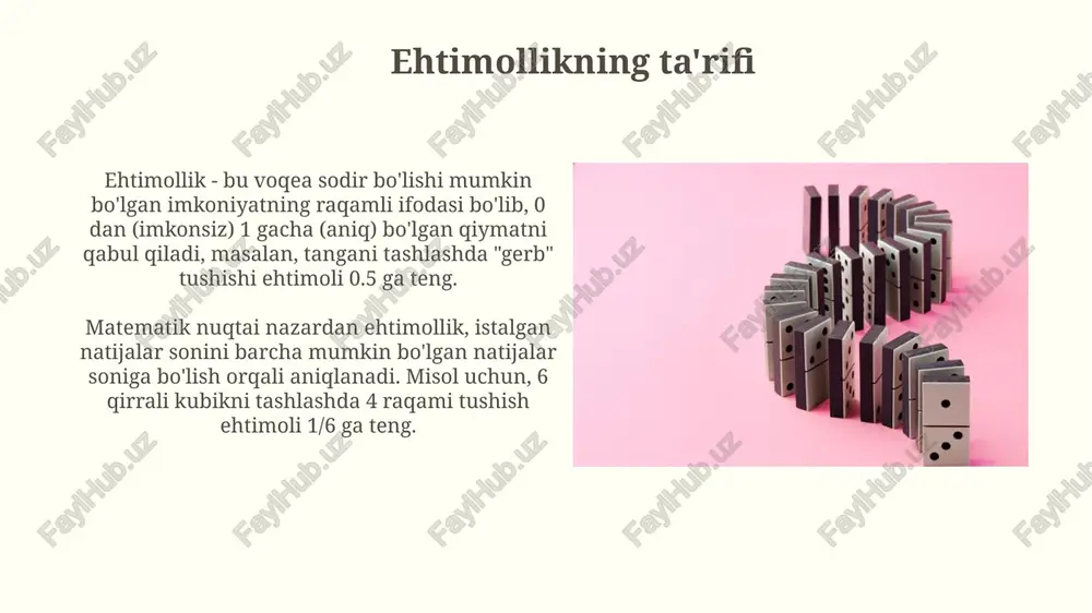bo'lsa, bu shunga o'xshash ob-havo sharoitlarida 10 tadan 7 tasida yomg'ir yog'ishini anglatadi. sug'urta kompaniyalari ehtimollikdan mijozning turli xavf-xatarlarga duch kelish ehtimolini baholash uchun foydalanadi, masalan, 35 yoshli haydovchining avtohalokatga uchrashi ehtimoli 0,01 (1%). ehtimollikda xatoliklar "gamblerning xatosi" shundan iboratki, agar 10 marta ketma-ket tanga tashlashda gerb chiqsa, keyingi tashlashda burgut chiqishi ehtimoli ortadi deb hisoblash, aslida har bir tashlash 50/50 ehtimolga ega. "asosiy e'tiborsizlik" deb nomlanuvchi xatolikda, dastlabki ehtimolliklarga e'tibor bermaslik, faqat yangi ma'lumotga asoslanib xulosa chiqarish kuzatiladi, masalan, kasallikning tarqalish darajasini inobatga olmaslik. xulosa xulosa, ehtimollar nazariyasida, kuzatilgan ma'lumotlarga asoslanib, gipotezaning to'g'ri bo'lish ehtimolini 0 dan 1 gacha bo'lgan qiymatda baholashdan iboratdir. bayes teoremasi yordamida, dastlabki ehtimollik 50% dan oshganda, kuzatilgan dalillar gipotezaning tasdiqlanish ehtimolini sezilarli darajada oshirishi mumkin. e'tiboringiz uchun rahmat image3.png image4.jpg image5.jpg image6.jpg image7.jpg image8.jpg image9.jpg image10.jpg image11.jpg image12.jpg image13.jpg image14.jpg image15.jpg image16.jpg image17.jpg image18.jpg image19.jpg image20.jpg