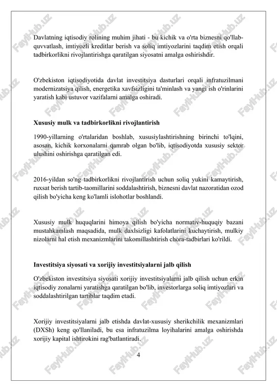 da qayta tiklanadigan energiya manbalaridan foydalanish ko'zda tutilgan, bu esa kamida 30% energiya tejamkorligini ta'minlaydi. innovatsion rivojlanish va texnologiyalar transferi innovatsion rivojlanish strategiyasi 2022-2026 yillarda ilmiy tadqiqotlarni tijoratlashtirishning samarali mexanizmlarini yaratishga qaratilgan boʻlib, bunda 50 dan ortiq texnologik parklar tashkil etiladi. texnologiyalar transferi markazlari oʻzbekistonning barcha hududlarida faoliyat olib boradi va ularning vazifasi xalqaro texnologiyalar almashinuvini faollashtirish orqali 1000 dan ortiq loyihalarni amalga oshirishdir. intellektual mulkni himoya qilish tizimi takomillashtirilmoqda, bunda 2024 yilga qadar 10 ta klaster yaratiladi va ular innovatsion faoliyatni ragʻbatlantirish uchun qulay muhitni shakllantiradi. ma'naviy qadriyatlarning o'rni va ahamiyati ma'naviy qadriyatlar, xususan, oilaviy an'analar, jamiyatning axloqiy negizini shakllantirib, 70%dan ortiq o'zbekistonliklar uchun muhim ahamiyatga ega. milliy urf-odatlar, masalan, navro'z bayrami, ma'naviy yuksalishga xizmat qilib, 130 dan ortiq millat vakillarini birlashtiradi va madaniy merosni saqlaydi. dinning ma'naviy hayotdagi roli, ayniqsa islom dini, insoniylik, adolat tamoyillarini targ'ib qilib, 90% musulmon aholi uchun muhim ahamiyat kasb etadi. o'zbek modelining xususiyatlari …