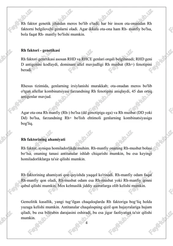 litik kasallikka olib keladi. qon quyishda rh mosligi juda muhim. agar rh-salbiy odam rh-musbat qon olsa, ularning tanasi antitel ishlab chiqaradi, bu keyingi qon quyishda jiddiy reaktsiyaga olib kelishi mumkin. rh faktori genetik jihatdan meros bo'lib o'tadi. agar ota-onalarning ikkalasi ham rh-salbiy bo'lsa, bola faqatgina rh-salbiy bo'lishi mumkin. agar bitta ota-ona rh-musbat bo'lsa, bola rh-musbat yoki rh-salbiy bo'lishi mumkin. qon guruhini aniqlash qon guruhini aniqlashda, antitelalar (anti-a va anti-b) qo'shilgan namunalarda aglutinatsiya reaktsiyasi kuzatiladi, bu esa a, b yoki ab guruhlarini farqlashga yordam beradi. rh omilini aniqlashda, anti-d reagentidan foydalaniladi; aglutinatsiya sodir bo'lganda, qon rh-musbat (rh+), aglutinatsiya bo'lmasa rh-manfiy (rh-) ekanligi tasdiqlanadi. zamonaviy usullar, masalan, gel-kolonna aglutinatsiyasi, qon guruhini aniqlashda yuqori sezuvchanlik va aniqlikni ta'minlaydi hamda avtomatlashtirilgan tizimlarda qo'llaniladi. klinik ahamiyati rh omilining klinik ahamiyati homiladorlikda, ayniqsa onasi rh manfiy bo'lib, homila rh musbat bo'lsa, rezus-konfliktni oldini olish uchun antitel screeningini o'z ichiga oladi. qon quyishda rh mosligi muhim; rh …