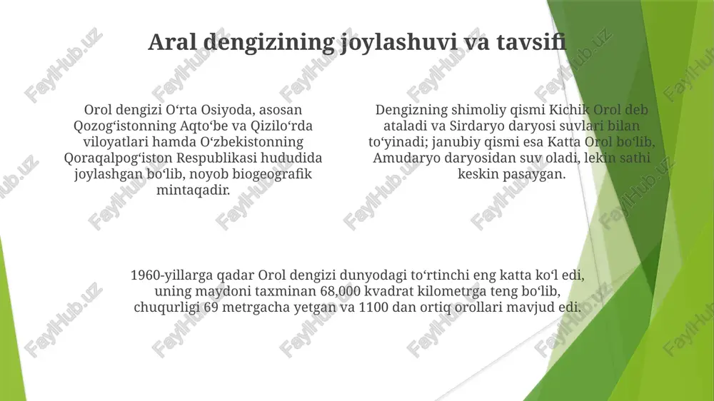 alliy aholi uchun yangi ish o'rinlari yaratish, xususan, baliqchilik va qishloq xo'jaligi sohalarida, ilg'or texnologiyalarni joriy etish orqali 2025-yilgacha 30 foizga oshirishga qaratilgan. kelajak istiqbollari ekoturizmni rivojlantirishni o'z ichiga oladi, bu 2030-yilgacha mintaqaga 50 million dollargacha investitsiya jalb qilib, aral dengizining noyob ekotizimini saqlashga yordam beradi. aral dengizini tiklashning kelajakdagi rejalarida 2040-yilgacha 1 million gektardan ortiq saksovul o'simliklarini ekish ko'zda tutilgan, bu esa tuz va qum bo'ronlarini kamaytiradi hamda cho'llanishga qarshi kurashadi. xulosa aral dengizining qurishi natijasida mintaqada 20 milliondan ortiq odam salomatligiga jiddiy ta'sir ko'rsatadigan ekologik ofat yuzaga keldi. sug'orishning noto'g'ri siyosati 1960-yillardan boshlab amudaryo va sirdaryo suvlarining 90 foizga kamayishiga olib keldi, bu esa dengizning qurishiga sabab bo'ldi. aralni qutqarish uchun xalqaro hamjamiyat tomonidan 16 milliard dollardan ortiq mablag' ajratilgan bo'lsa-da, vaziyatni to'liq tiklash hali ham juda qiyin. e'tiboringiz uchun rahmat