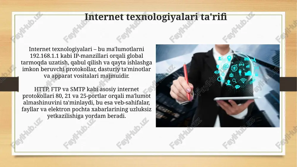 anilishi, masalan, 7/24 soat davomida xaridorlarga xizmat ko'rsatish uchun chat-botlarni avtomatlashtirish orqali mijozlar tajribasini sezilarli darajada yaxshilaydi. raqamli marketingda ai 30% gacha samaradorlikni oshirishi mumkin, chunki u katta hajmdagi ma'lumotlarni tahlil qilib, shaxsiylashtirilgan reklama kampaniyalarini yaratishga yordam beradi. xulosa va kelajak tendentsiyalari kelajakda sun'iy intellekt (ai) va mashinaviy o'rganish texnologiyalari internetda professionallar uchun avtomatlashtirilgan qarorlar qabul qilishni 70% gacha oshirishi mumkin. web3 texnologiyasi, blokcheyn va markazlashmagan ilovalarni (dapps) birlashtirgan holda, ma'lumotlar xavfsizligini va shaffofligini 50% ga oshirib, ishonchni mustahkamlaydi. e'tiboringiz uchun rahmat image8.jpg image9.jpg image10.jpg image11.jpg image12.jpg image13.jpg image14.jpg image15.jpg image16.jpg image17.jpg image18.jpg image19.jpg image20.jpg image21.jpg image22.jpg image23.jpg image24.jpg image3.png image4.png