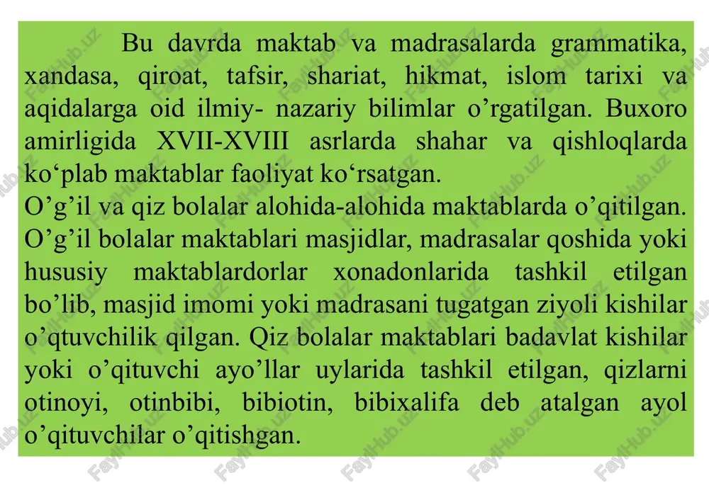 aratilgan. o’qimishli, ma’rifatli, ziyoli ayollar tomonidan ko’plab maktablar tashkil etilgan va u otinlar maktabi deb nomlangan. markaziy osiyoda otinlar maktabining asoschilaridan, ayollar ta’limida katta xizmat qilgan, o’ziga xos maktab yaratib shuhrat qozongan otinlardan biri jahon otin uvaysiy (1779-1845) hisoblanadi. jahon otin uvaysiy marg’ilon shahar childuxtaron mahallasida, farg’ona tumani, arsun qishlog’ida 1780 yilda tug’ilgan. uning otasi qaynar devona yoki devonai qalandar deb yuritilgan. (uning ismini siddiqbobo deb ataganlar). onasining ismi chinnibibi edi. ularning uvaysiydan tashqari oxunjon hofiz degan o’g’li ham bor edi. uvaysiy oilasi o’z davrining ilg’or va marifatli oilalaridan edi. otasi kosibchilik qilgan, onasi esa savodli ayol bo’lib, maktabdorlik qilgan va mahalla ahli qizlarini o’qitgan. u 1796 -97 yillarda onasi otinlik qilgan xususiy maktabda dastlab xalfalik va keyinchalik mustaqil ravishda otinlik qilgan. uvaysiy o’z maktabida qizlarga boshlang’ich ta’lim berar ekan, jahon otin ularning zehnini o’stirishga katta ahamiyat beradi. otin o’z shogirdlariga savod o’rgatibgina qolmay, ular orasidan iqtidorli qizlarni tanlab sharq …