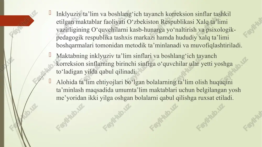 ishga yordam ko‘rsatish maxsus pedagoglar va tyutorlar (yordamchi pedagog xodimlar) tomonidan amalga oshiriladi. har bir inklyuziv ta’lim sinflari va boshlang‘ich tayanch korreksion sinflar ochilgan maktab uchun alohida maxsus pedagog shtat birliklari ajratiladi. o‘quvchilar bilan individual ta’lim dasturlarini o‘zlashtirish, nuqsonlarni tuzatish (korreksiya) va ular bilan bog‘liq bola rivojlanishining o‘ziga xosliklarini bartaraf etish ishlari maxsus pedagoglar tomonidan ta’lim jarayonidagi barcha darslarda, sinfdan tashqari va boshqa tadbirlarda amalga oshiriladi. inklyuziv ta’lim sinflari va boshlang‘ich tayanch korreksion sinflar ochilgan maktablarda o‘quvchilarga individual ta’lim dasturlarini o‘zlashtirish, rivojlanishiga to‘sqinlik qilayotgan omillarni aniqlash, ularga turli ko‘rinishdagi psixologik yordam berish maqsadida maxsus yordam ko‘rsatish xonalari tashkil etiladi. o’quvchilarni inklyuziv ta’lim sinflari joriy qilingan maktablarga jalb etish tartibi o‘zbekiston respublikasi xalq ta’limi vazirligi hamda oliy va o‘rta maxsus ta’lim vazirligi tomonidan belgilanadi. inklyuziv ta’lim sinflarida o‘quvchilarga oliy ma’lumotli, shuningdek, tegishli qayta tayyorlashdan o‘tgan o‘qituvchi yoki defektologlar tomonidan dars beriladi. boshlang‘ich tayanch korreksion sinflarda o‘quvchilarga defektologiya sohasi bo‘yicha oliy ma’lumotli …