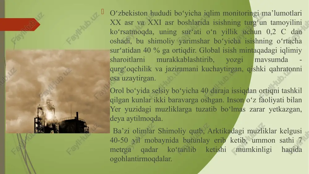 lishga yordam beradi va bu bilan yerdagi xayotuchun eng makbul boʻlgan xaroratni saqlab turadi. bu gazlarsiz sayyoramizdagi oʻrtacha xarorat hozirgidagidek 15 daraja issiq emas, balki 18 daraja sovuq boʻlgan. aynan okean oqimlari yogʻinlarni olib keladigan bulutlarning qanday va qancha hajmda hosil boʻlishiga javob beradi. agar oqimlar oʻzgaradigan boʻlsa, barcha narsa, xamma global iqlim hosil qiluvchi jarayonlar xam oʻzgarib ketadi. birok, iqlim oʻzgarishining sababi fakat insoniyat emas, balki yerdagi dinamik jarayonlar, iqlimni shakllantiruvchi tashki ta’sirlar, jumladan, quyidagilarni ham kiritish mumkin: materiklar va okeanlarning ulchami, relefi va uzaro joylashuvining oʻzgarishi; quyosh yorituvchanliginingoʻzgarishi; yer orbitasi va oʻqi koʻrsatkichlarining oʻzgarishi; atmosfera shaffofligi va tarkibining oʻzgarishi, jumladan, uning tarkibidagi parnik gazlari (so2 va sn4) hissasining oʻzgarishi; yer usti nur kaytarish xususiyatining oʻzgarishi; okean tubidagi mavjud issiqlik miqdorining oʻzgarishi; neft va gaz qazib olinishi oqibatida yer yadrosi va qobigi orasidagi tabiiy qatlamning oʻzgarishi. iqlimga joʻgʻrofik kengliklarni ta’siri. joʻgʻrofik kenglik iqlim belgilari taqsimotining hududiylashganligini ifodalaydi. quyosh radiatsiyasi …