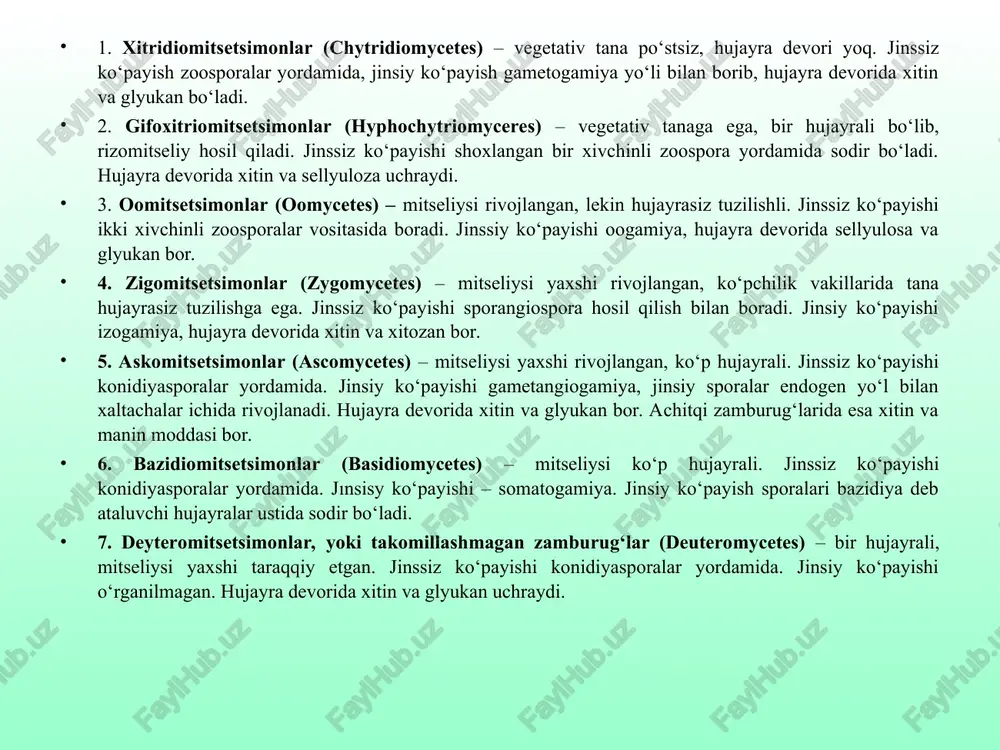 )dir. hozirgi kunda mikromitsetlarning 250 dan ortiq turlari ma'lum. ular 100 ga yaqin toksinlar va allergenlarni sintez qiladi. turli xil turdagi mikroskopik zamburug'lar bir xil toksinni sintez qilishlari mumkin. va zaharlarning o'zi ko'pincha inson tanasiga kümülativ (kumulyativ) ta'sir ko'rsatadi, xususan: yaflatoksinlar - inson organizmiga gepatotoksik, mutagen, immunosupressiv ta'sir ko'rsatadi. trikotsenlar immunitet tizimini susaytiradigan neyrotoksinlardir,turli dermatitlarni keltirib chiqaradi. oxratoksinlar - birinchi navbatda buyrak nefronlari kanalchalariga ta'sir qiladi. patulinlar neyrotoksinlar va mutagenlardir. mikromitset toksinlari bilan zaharlanganda avval oshqozonni yuvish kerak. parazit mikromitsetalar bu guruh odamlarda, o'simliklarda, hayvonlarda, baliqlarda turli xil patologiyalarni keltirib chiqaradigan juda ko'p sonli qo'ziqorinlarni o'z ichiga oladi. teri patologiyalari dermatomikoz, organlar patologiyalari esa mikozlar deb ataladi. parazit zamburugʻlar keltirib chiqaradigan odamlarda eng koʻp uchraydigan kasalliklar: dermatofitoz (qo'tir yoki ringworm), bu terida qizil, qichimali dog'lar va soch follikulalarini yo'q qilish shaklida namoyon bo'ladi. kandidoz (qo`ng`irchoq) fakultativ jihatdan patogen bo`lgan va og`iz bo`shlig`i, jinsiy yo`l va yo`g`on ichakning normal mikroflorasining bir …