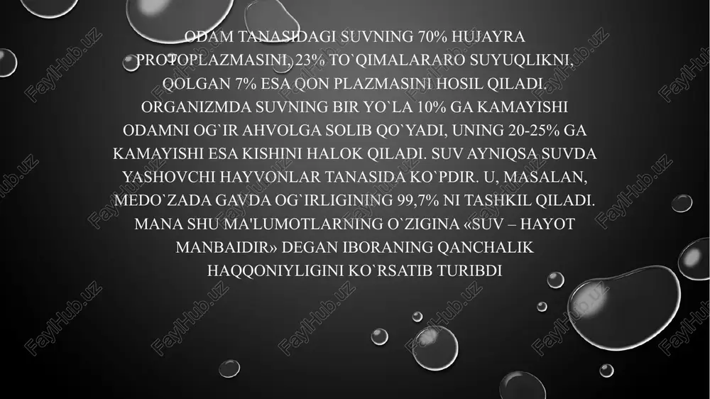 asriy (yer usti qatlamlari, qutb va baland togʻ muzliklari, yirik koʻllar va shu kabida toʻplangan chuchuk suvlar) va qayta tiklanadigan (daryo oqimlari, yer osti suvlarining oʻzgaruvchan va dinamik zaxiralari, koʻllar hajmining bir qismi va boshqalar) turlarga boʻlinadi. suv resurslari deganda suv obʼyektlari – daryo, koʻl, dengizlar ham tushuniladi, chunki ulardan kema qatnovi, gidroenergetika, baliq xoʻjaligi, dam olish, turizm va boshqa maqsadlarda foydalaniladi. gidrosferadagi turgʻun suv zaxiralarning faqat 2,5% gina chuchuk suv (uning faqat salkam 1% dan kishilar foydalana oladilar), 70% muzliklar, qolgani tuproq nami shaklida. daryolar, oqar koʻllar va koʻpchilik yer osti suvlari ham chuchuk. yerning dunyo okeani, yer osti suvlari, muzliklar, tuproqdagi nam, daryo(oʻzan) suvlari, atmosfera bugʻlari— gidrosferada, ayrim hisob kitoblarga koʻra, 1454 327,2 ming km³ turgʻun suv resurslari bor. nazariy jihatdan suv resurslari bitmas tuganmas, chunki bu resurslardan oqilona foydalanilganda suv resurslari aylanib yangilanib turadi. daryo oqimlari togʻlarda mavsumiy qor qatlamlari, muzliklar va krrliklarning erishi, shuningdek, yogʻinlar natijasida …