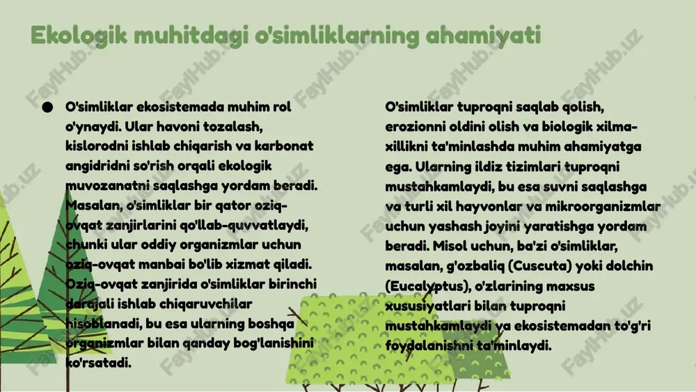 adi va ularning ekologik muhitga moslashishini ta'minlaydi. o'simliklar tuproqni o'zining hayotiy faoliyati bilan boyitadi, shu orqali tuproqning biologik faoliyatini oshiradi va uning unumdorligini yaxshilaydi. misol uchun, organik moddalar qo'shish orqali tuproqning unumdorligini oshirish mumkin. tuproq sifatini oshirish uchun bir nechta usullar mavjud. mulchalash, tuproqni aeratsiya qilish va o'simliklarni munosib navlar bilan ekish orqali tuproqning sog'lomligini saqlab qolish mumkin. tuproqni isrof qilmaslik va uni barqaror foydalanish o'simliklar uchun muhimdir. masalan, o'simliklar o'rtasida o't-o'lchovlarni ekish tuproqni yaxshilashda yordam beradi. o'simliklar va tuproqning bir-biriga ta'siri o'simliklar va tuproq o'rtasidagi o'zaro ta'sirlar ekologik muvozanat uchun juda muhimdir. o'simliklar tuproqni mustahkamlash va organik modda bilan boyitishda muhim rol o'ynaydi. ular tuproqdagi suv va mineral moddalar almashinuvini ta'minlaydi, shuningdek, tuproqda yashovchi mikroorganizmlar uchun oziq manbai hisoblanadi. o'simliklar o'z ildizlari orqali tuproqni aeratsiyalash va eroziyaning oldini olishda yordam beradi. masalan, ba'zi o'simliklar, masalan, lucerna, tuproqni ko'proq azot bilan boyitadi va bu orqali boshqa o'simliklar uchun qulay shart-sharoitlarni …