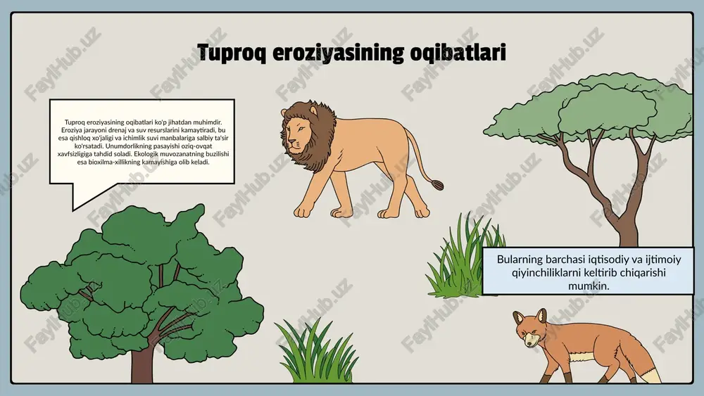 tiqbollar eroziya tahlilining ahamiyati eroziya tahlilining ijtimoiy va iqtisodiy ahamiyati qishloq xo'jaligi va oziq-ovqat xavfsizligini ta'minlashda muhimdir. tuproqni to'g'ri boshqarish orqali qishloq xo'jaligi mahsulotlarining samaradorligini oshirish va oziq-ovqat ta'minotini barqarorlashtirish mumkin. ekologik jihatdan, erozion tahlili biologik xilma-xillik va ekosistemalar barqarorligini saqlashda muhim ahamiyatga ega. tuproq eroziyasi salbiy ta'sir ko'rsatadi, shuning uchun erozion jarayonlarni tahlil qilish orqali tabiiy resurslarni saqlash va biodiversitetni himoya qilish strategiyalarini ishlab chiqishimiz mumkin. tuproqni muhofaza qilish strategiyalarini ishlab chiqishda erozion tahlilining roli juda muhim, chunki bu tahlil tuproqni himoya qilish uchun samarali usullarni tanlashga yordam beradi. xulosa tuproq eroziyasining sabablari iqlim o'zgarishlari, o'simlik qoplamasining yo'qolishi va inson faoliyati bilan bog'liq. ushbu omillar tuproq holatini buzib, eroziya jarayonlarini kuchaytiradi. eroziya natijasida drenaj va suv resurslari kamayadi, oziq-ovqat xavfsizligiga ta'sir qiladi va ekologik muvozanatni buzadi. bularni hal qilish uchun samarali choralar ko'rish zarur. tuproq eroziyasini kamaytirish uchun o'simlik qoplamasini tiklash, yuvish va drenaj nazoratini amalga oshirish, shuningdek, barqaror …