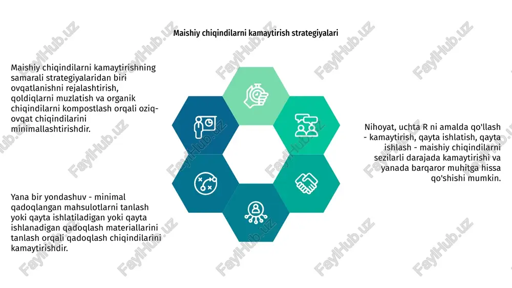 ga innovatsion yondashuvlar chiqindilarni boshqarish butun dunyo bo'ylab jamoalarni tashvishga solmoqda. chiqindilarni qayta ishlashga innovatsion yondashuvlar atrof-muhitga ta'sirni minimallashtirish va barqarorlikni ta'minlash uchun juda muhimdir. yangi texnologiyalar va g'oyalarni o'rganish orqali biz chiqindilarni qimmatli manbalarga aylantira olamiz. organik chiqindilarni kompostga aylantirishdan ishlab chiqarish uchun qayta ishlangan materiallardan foydalanishgacha, chiqindilarni qayta ishlash uchun cheksiz imkoniyatlar mavjud. aholini chiqindilarni kamaytirish va qayta ishlash muhimligini tushuntirish innovatsion yechimlarni amalga oshirishning kalitidir. hamkorlik va ijodkorlik orqali biz kelajak avlodlar uchun yanada barqaror kelajak yaratishimiz mumkin. barqaror chiqindilar amaliyotining kelajagi kelajakni tasavvur qiling-a, chiqindilar atrof-muhitga yuk emas, balki qimmatli resursdir. barqaror chiqindilar amaliyoti bu qarashga erishishning kalitidir. 01 qayta ishlash va kompostlashdan tortib, chiqindini energiyaga aylantirish kabi innovatsion texnologiyalargacha bizda chiqindilarni minimallashtiradigan va samaradorlikni oshiradigan aylanma iqtisodni yaratish vositalari mavjud. 03 02 barqaror chiqindilar amaliyotini qo'llash orqali biz nafaqat sayyoramizni kelajak avlodlar uchun himoya qila olamiz, balki iqtisodiy o'sish va ijtimoiy ta'sir uchun yangi imkoniyatlar …