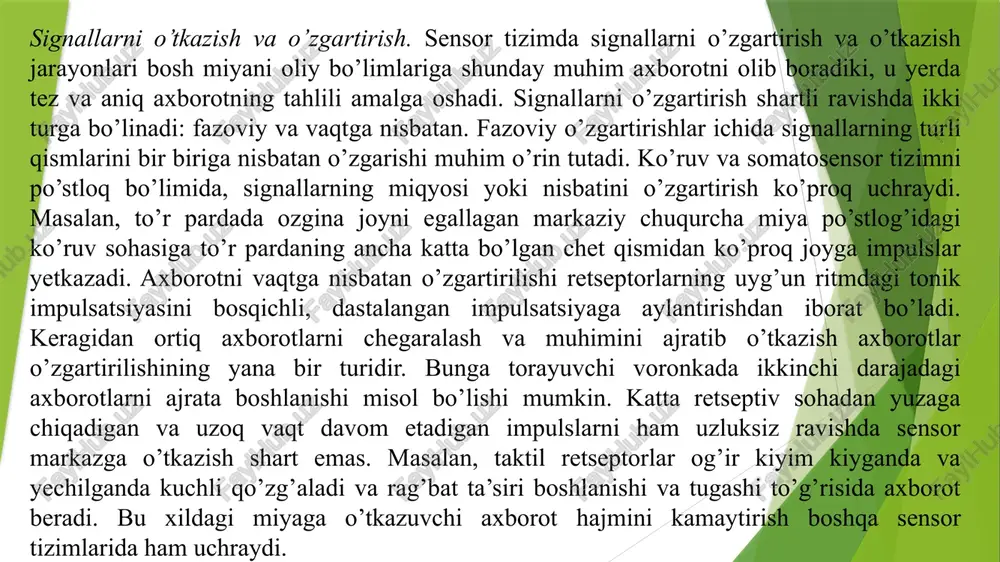 arida tashqi muhitdan berilgan ta’sirotlar yangi retseptor signaliga aylanadi yoki sensor signali transduktsiyasi amalga oshiradi. bu jarayon 3 boskichni o’z ichiga oladi. 1. hid taratuvchi molekula yoki ta’m biluv moddasi (hid biluv, ta’m biluv) yorug’lik (kuruv) yoki mexanik ta’sirotlar bilan retseptorlar hujayra membranasida joylashgan oqsil molekulasi bilan o’zaro aloqasi yuzaga chiqadi. 2. retseptor hujayralarida sensor signallarning hosil bo’lishi va uning uzatilishiga bog’liq bo’lgan jarayonlar ro’y beradi. 3. retseptor membranasida joylashgan ion kanallari ochilish va ular orqali ion tok oqimi o’ta boshlaydi. ko’rish sensor tizimi. ko’ruv sensor tizimi boshqa analizatorlar orasida muhim ahamiyat kasb etadi. chunki bu tizim miyaga tashqi muhitdan tushgan axborotlarning 90% ini yetkazadi. ko’rish - ko’p bo’g’inli jarayon bo’lib, ko’ruv obrazining shakllanishi va aks ettirilgan nurlarni to’r pardaga aniq proektsiyalashdan boshlanadi va analizatorning po’stloq markazida ko’ruv doirasida qanday jism borligi to’g’risida xulosa chiqarish bilan tugaydi. ko’zning optik tizimi tuzilishi va funktsiyasi. ko’z olmasi sharsimon shaklga ega bo’lib, chap …