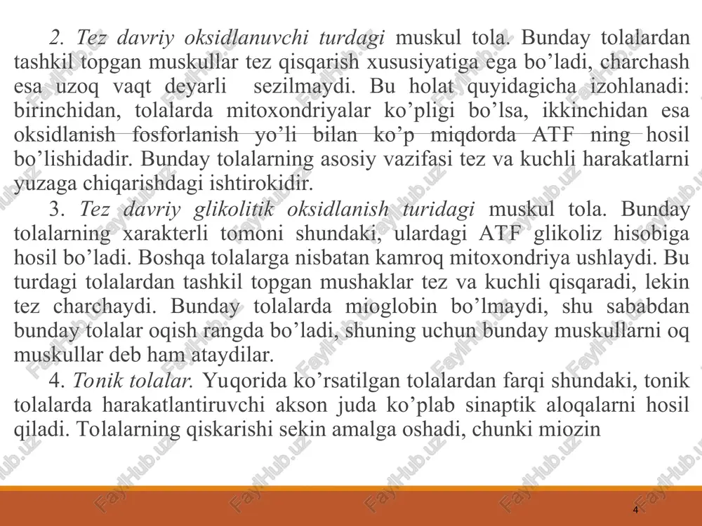 a bo’shashish davrlari. latent davr mushak tolasi membranasining qo’zg’alishi, tola ichidagi t-tizim bo’ylab harakat potentsialining tarqalishi, inozitol uch fosfatning hosil bo’lishi, hujayra ichida kaltsiy kontsentratsiyasining oshishi, ko’ndalang ko’priklarning faollashishi uchun ketgan vaqt bilan ifodalanadi. muskul qisqarishini miografik qayd qilishining oddiy usulida latent davri 0,02 sekundni tashkil qiladi. qisqarish davri yoki taranglikning ortishi. muskul tolalarining erkin qisqarishi kuzatilasa, bu holda izotonik qisqarish kuzatiladi. bunda muskulning tarangliligi deyarli o’zgarmaydi, faqat muskul tolalarining uzunligi o’zgaradi. bunday qisqarishga izotonik qisqarish deyiladi. agar muskul tolasi ikki tomondan mahkamlanib unga ta’sirot berilsa, u holda erkin qisqara olmaydi. bunday qisqarishga izometrik qisqarish deb ataladi. * qisqarishlarning qo’shilishi (summatsiya) va tetanus. tabiiy sharoitdaorganizmda skelet muskulining yakka qisqarishi uchramaydi. nerv tizimidan odatda alohida ta’sirlar emas, balki uzluksiz tez keluvchi bir qancha nerv impulslari kelib turadi qisqarishlar summatsiyasini kuzatish uchun muskulga ikkita yakka ta’sirot beriladi. ta’sirotlar o’rtasidagi interval shunday bo’lishi kerakki, ikkinchi ta’sirot muskulning qisqarishi yoki muskul tarangligining ortishi davrida …