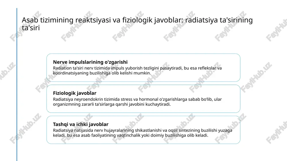 surunkali muammolar - radiatsiya natijasida yurak, nafas olish va ichki organlarda o‘tkir va surunkali muammolar rivojlanishi mumkin, ular uzoq davom etishi ehtimoli yuqori. 3 tiklanish va davolash yo‘llari - muammolarni bartaraf etish uchun farmakologik terapiya, fizioterapiya va hayot tarzini o‘zgartirish kabi usullar qo‘llaniladi, shuningdek, individual davolash rejalari ishlab chiqiladi. zamonaviy radiatsiya terapiyasi va uning inson organizmiga ta'siri haqida ma'lumot 1 zamonaviy radiatsiya terapiyasi bu terapiya yuqori aniqlikda kasalliklarni davolash uchun mo'ljallangan va odatda radiatsiya nurlanishining minimal zarar bilan qo'llanilishini ta'minlaydi. 2 ta'sir mexanizmi radiatsiya zararli hujayralarni yo'q qilish uchun ishlatiladi, lekin u sog'lom hujayralarga ham ehtiyotkorlik bilan ta'sir qilishi mumkin, tiklanishni rag'batlantiradi. 3 salomatlikka ta'siri zamonaviy usullar odatda qisqa muddatli yon ta'sirlarni keltirib chiqaradi, masalan, charchoq yoki teri reaktsiyalari, lekin uzoq muddatli xavf kamroq. 4 tiklanish va himoya terapiyadan so'ng organizmning tiklanishi uchun maxsus davolash va profilaktika usullari qo'llaniladi, bu esa sog'liqni saqlash jarayonini tezlashtiradi. xulosa 1 radiatsiya ta'siridan keyingi …