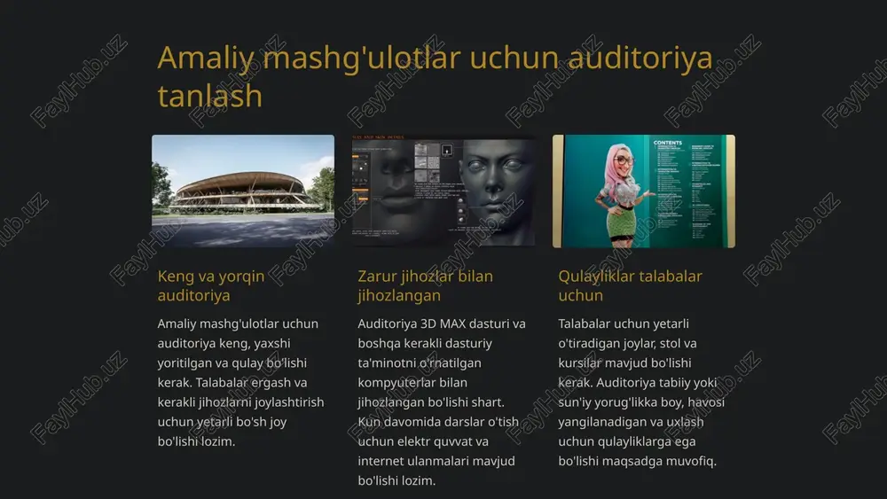 ga sanoat mutaxassislari va yetakchi dizaynerlarni jalb qilish, ulardan oliy ta'lim jarayonlariga yangi qarashlar kiritish. 9 xulosa 3d max dasturidan amaliy laboratoriya mashg'ulotlarini tashkil etish bo'yicha tavsiyalar taqdim etildi. bu jarayon samarali va sifatli o'quv jarayonini ta'minlash uchun muhim ahamiyatga ega. talabalar 3d modellar yaratish, animatsiyalar tayyorlash kabi ko'nikma va malakalarni egallashlari uchun ushbu mashg'ulotlar samarali bo'ladi. 10 image1.png image2.png image3.png image4.png image5.png image6.png image7.png image8.png image9.png image10.png image11.png image12.png image13.png image14.png image15.png image16.png