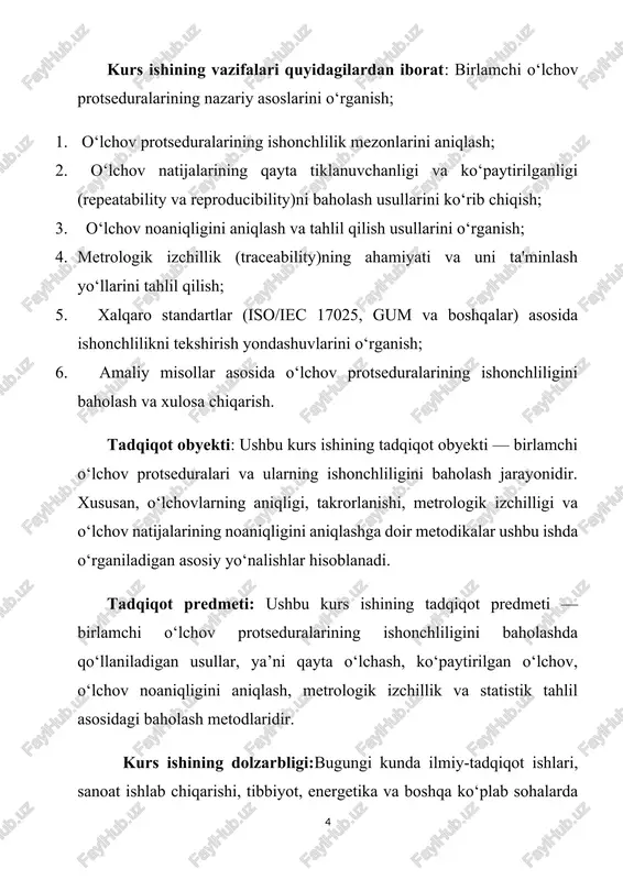 rning aniqligini ta'minlash uchun foydali amaliy vosita sifatida xizmat qiladi. bundan tashqari, u metrologiya sohasidagi ta’lim jarayonlarida ham qo‘llanishi mumkin. ishning tuzilishi: kurs ishi kirish, ikki bob, to’rtta bo’lim, xulosa, foydalanilgan adabiyotlar ro‘yxatidan iborat. i bob. metrologik izchillik asosida ishonchlilikni baholash 1.1 o‘lchov izchilligi (traceability) va xalqaro etalonlarga bog‘liqlik metrologik izchillik asosida ishonchlilikni baholash hozirgi zamon metrologik tizimining eng muhim yo‘nalishlaridan biridir. o‘lchov natijalarining ishonchli bo‘lishi, ularning xalqaro birliklarga asoslangan bo‘lishi, metrologik tahlil va nazoratda asosiy talab sifatida qaraladi. ayniqsa, birlamchi o‘lchov protseduralari uchun metrologik izchillikning mavjudligi nafaqat texnik, balki ilmiy va iqtisodiy jihatdan ham nihoyatda dolzarb hisoblanadi. metrologik izchillik deganda, o‘lchov natijasining xalqaro birliklar tizimidagi (si) etalonlarga uzluksiz va hujjatlashtirilgan bog‘liqligi tushuniladi. har bir o‘lchov vositasi yoki protsedura o‘zidan yuqori aniqlikdagi etalon vositalarga kalibrlangan bo‘lishi, ya’ni izchillik zanjiriga ulangan bo‘lishi shart. bu zanjir odatda xalqaro etalonlardan boshlanib, milliy etalonlar, ikkilamchi etalonlar, ishchi etalonlar va nihoyat amaliyotda foydalaniladigan o‘lchov vositalariga …