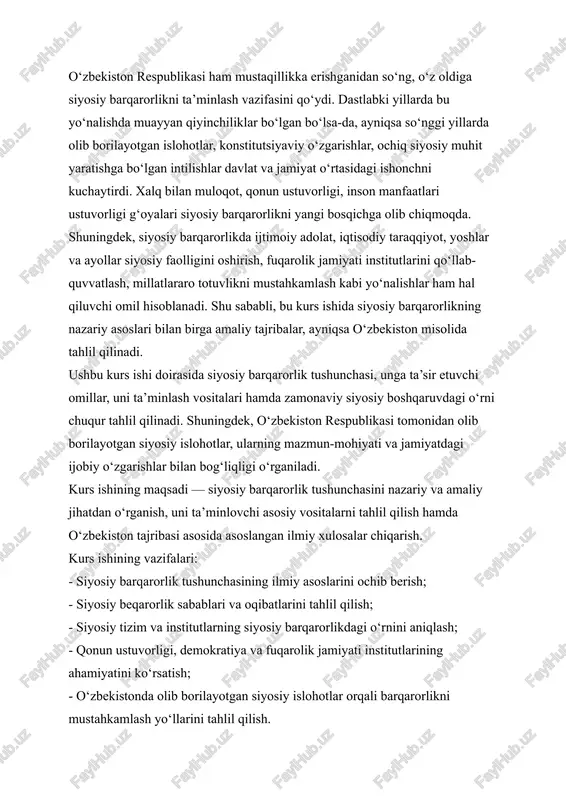 sifatida tavsiflaydi. uning fikricha, tizim o‘zgaruvchan talablar sharoitida ham funksional bo‘lib qolsa, barqaror hisoblanadi. max vever esa siyosiy barqarorlikni hukumatning legitimligi va ijtimoiy nazorat vositalari bilan bog‘laydi. siyosiy barqarorlikda quyidagi asosiy komponentlar ajratiladi: - legitimlik – siyosiy hokimiyat xalq tomonidan tan olinadi va qo‘llab-quvvatlanadi; - institutsional kuch– siyosiy institutlar, ayniqsa parlament, hukumat va sud hokimiyati o‘z vazifalarini to‘liq va mustaqil bajaradi; - ijtimoiy muvozanat – jamiyatdagi ijtimoiy guruhlar o‘rtasida murosali hamkorlik mavjud; - huquqiy asos – siyosiy jarayonlar konstitutsiyaviy va qonunchilik asosida olib boriladi; - axborot erkinligi – oav orqali ijtimoiy nazorat amalga oshiriladi va fuqarolar siyosiy qarorlar haqida xabardor bo‘ladi. siyosiy barqarorlik — bu faqat siyosiy rahbariyatning hokimiyatda qolish muddati yoki tartib-intizom emas, balki davlat va jamiyat o‘rtasidagi doimiy ishonch, fuqarolarning ishtiroki, ijtimoiy adolat tamoyillariga amal qilinishidir. shu bois barqarorlik doimo demokratik tamoyillar, fuqarolarning erkinliklari, so‘z va e’tiqod erkinligi bilan chambarchas bog‘liq. siyosiy barqarorlik sharoitida: - siyosiy qarorlar muvozanatli …