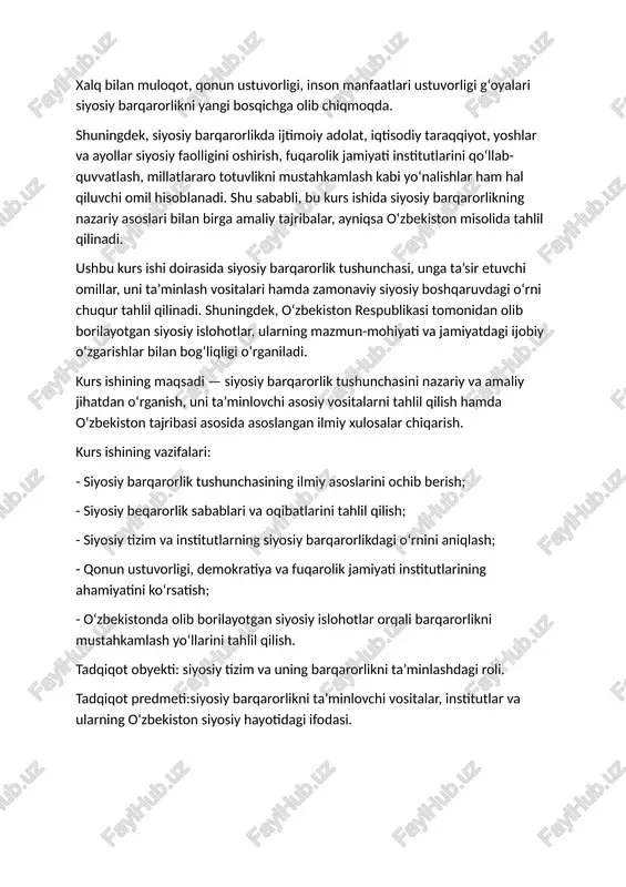 moiy nazorat vositalari bilan bog‘laydi. siyosiy barqarorlikda quyidagi asosiy komponentlar ajratiladi: - legitimlik – siyosiy hokimiyat xalq tomonidan tan olinadi va qo‘llab-quvvatlanadi; - institutsional kuch– siyosiy institutlar, ayniqsa parlament, hukumat va sud hokimiyati o‘z vazifalarini to‘liq va mustaqil bajaradi; - ijtimoiy muvozanat – jamiyatdagi ijtimoiy guruhlar o‘rtasida murosali hamkorlik mavjud; - huquqiy asos – siyosiy jarayonlar konstitutsiyaviy va qonunchilik asosida olib boriladi; - axborot erkinligi – oav orqali ijtimoiy nazorat amalga oshiriladi va fuqarolar siyosiy qarorlar haqida xabardor bo‘ladi. siyosiy barqarorlik — bu faqat siyosiy rahbariyatning hokimiyatda qolish muddati yoki tartib-intizom emas, balki davlat va jamiyat o‘rtasidagi doimiy ishonch, fuqarolarning ishtiroki, ijtimoiy adolat tamoyillariga amal qilinishidir. shu bois barqarorlik doimo demokratik tamoyillar, fuqarolarning erkinliklari, so‘z va e’tiqod erkinligi bilan chambarchas bog‘liq. siyosiy barqarorlik sharoitida: - siyosiy qarorlar muvozanatli va qonuniy bo‘ladi; - fuqarolarning noroziligi minimallashtiriladi; - davlat institutlariga ishonch kuchayadi; - iqtisodiy taraqqiyotga sharoit yaratiladi. barqarorlik siyosiy tizimning o‘zini o‘zi …