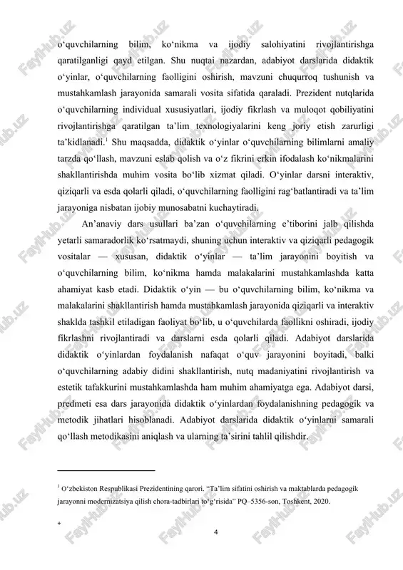 hdan iborat. tadqiqot orqali o‘quvchilarning bilim, ko‘nikma va malakalarini mustahkamlash, ijodiy fikrlash qobiliyatini rivojlantirish, darslarni interaktiv va qiziqarli qilish hamda adabiy did va nutq madaniyatini oshirish imkoniyatlari o‘rganiladi. ish o‘qituvchilarga dars jarayonida didaktik oʻyinlardan samarali foydalanish bo‘yicha metodik tavsiyalar ishlab chiqishga yordam beradi va pedagogik jarayonni zamonaviy talablarga moslashtirishga xizmat qiladi. mavzuning vazifasi · didaktik oʻyin tushunchasini, uning xususiyatlari va pedagogik ahamiyatini o‘rganishcha · adabiyot darslarida didaktik oʻyinlarni tanlash va tashkil etish metodikasini aniqlashcha · amaliy tajribalar va sinov darslari natijalarini tahlil qilishcha · dars jarayonida o‘quvchilar faoliyatini rag‘batlantirish va baholash usullarini ishlab chiqishchadir mavzuning obyekti adabiyot darsi bo‘lib, u o‘quv jarayonida o‘quvchilarning bilim, ko‘nikma va malakalarini shakllantirishga qaratilgan. mavzuning redmeti dars jarayonida didaktik oʻyinlardan foydalanishning pedagogik va metodik jihatlarini o‘rganishdan iborat. ushbu kurs ishining tarkibiy tuzilishi kirish, ikki asosiy bob 4 paragraf, xulosa va foydalanilgan adabiyotlar ro‘yxatidan iborat. i. didaktik oʻyin tushunchasi va pedagogik ahamiyati 1.1 didaktik oʻyinning ta’riflari …