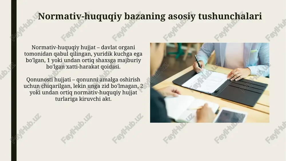 tegishli o'quv materiallari va o'qituvchilarga ega bo'lishi shart. xalqaro standartlar va ularning ahamiyati iso 9001 sifati tizimi kabi xalqaro standartlar tashkilotning mahsulot sifati barqarorligini ta'minlashda muhim rol o'ynaydi, xarajatlarni kamaytirish imkoniyatini beradi. xalqaro mehnat tashkilotining (ilo) konvensiyalari ish joyidagi xavfsizlik va mehnat sharoitlarini yaxshilashga qaratilgan bo'lib, mehnat unumdorligini oshirishga yordam beradi. o'zbekiston respublikasining normativ-huquqiy hujjatlarining axborot-qidiruv tizimi tizim 16 dan ortiq turdagi normativ-huquqiy hujjatlarni o'z ichiga oladi, masalan, qonunlar, prezident farmonlari va vazirlar mahkamasining qarorlari. bu ularning qidiruv imkoniyatlarini kengaytiradi. qidiruv tizimi 'ma'muriy islohotlar konsepsiyasi' kabi muhim hujjatlarni tez topish imkonini beradi, shu bilan fuqarolarning huquqiy savodxonligini oshiradi hamda shaffoflikni ta'minlaydi. e'tiboringiz uchun rahmat image2.jpg image3.jpg image4.jpg image5.jpg image6.jpg image7.jpg image8.jpg image9.jpg image10.jpg image11.jpg image12.jpg image13.jpg image14.jpg image15.jpg image16.jpg image17.jpg image18.jpg