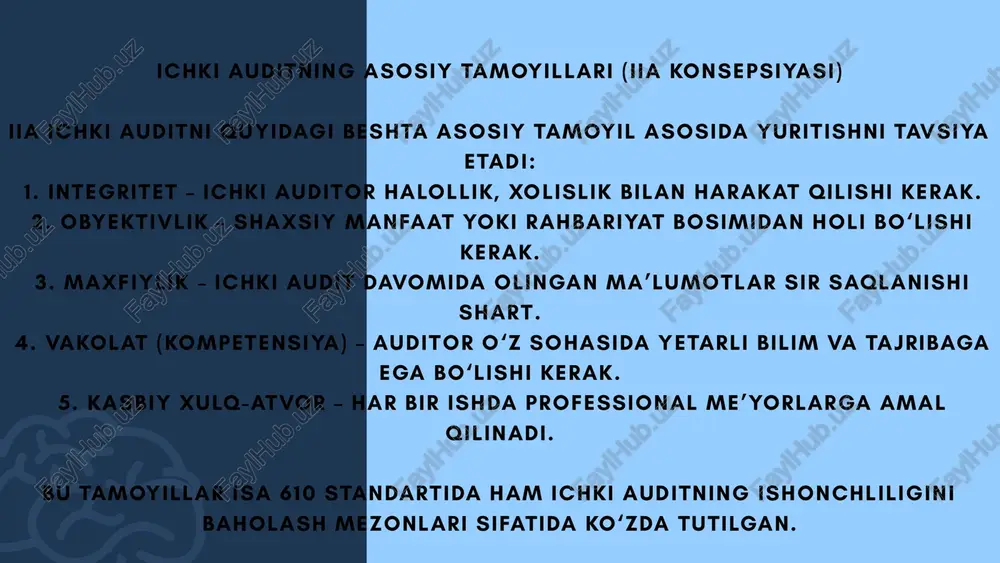 mi yaxshiroq baholanadi — tashqi auditor chuqurroq tushuncha oladi. 4. auditorlararo hamkorlik kuchayadi — tashkilotda umumiy audit madaniyati rivojlanadi. ichki audit ishidan foydalanish bilan bog‘liq xavflar ichki audit xizmati boshqaruvdan mustaqil emas (masalan, moliya direktoriga bevosita bo‘ysunsa). • ichki auditorlar etika kodeksiga amal qilmaydi yoki malaka past. • ichki audit siyosiy bosim yoki “tashqi ko‘rinish” uchun tashkil qilingan. • ichki auditning metodologiyasi xalqaro standartlarga mos emas (iia standartlari, coso). bunday hollarda tashqi auditor ichki audit ishidan foydalanmasligi, balki to‘liq mustaqil audit o‘tkazishi kerak. ichki audit ishining ishonchliligi (reliability assessment) auditor quyidagilarga e’tibor qaratadi: ish natijalarining sifatiga: auditor ichki audit xulosalarini qayta tekshiradi. • audit dalillarining manbalariga: ma’lumotlar mustaqil manbalardanmi yoki subyektiv baholarmidanmi. • nazorat sinovlari: auditor ichki audit tomonidan bajarilgan testlarni qayta sinab ko‘radi. • xulosa mosligi: ichki audit xulosasi auditor fikriga zid emasmi? ichki audit ishidan foydalanish jarayonlari (amaliy bosqichlar) 1-bosqich: ichki audit xizmatini tanish (strukturasi, roli, mustaqilligi). 2-bosqich: …